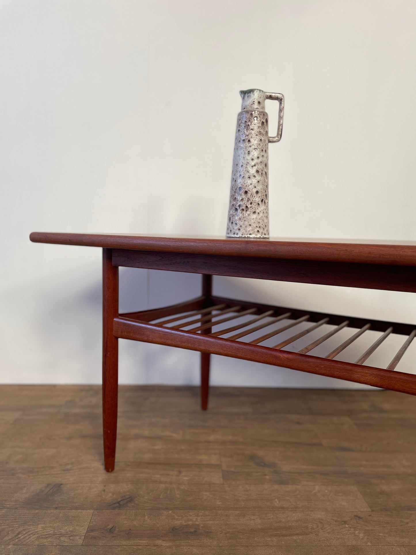 Mid-Century Danish Teak Coffee Table with Slatted Shelf | Scandinavian Modern