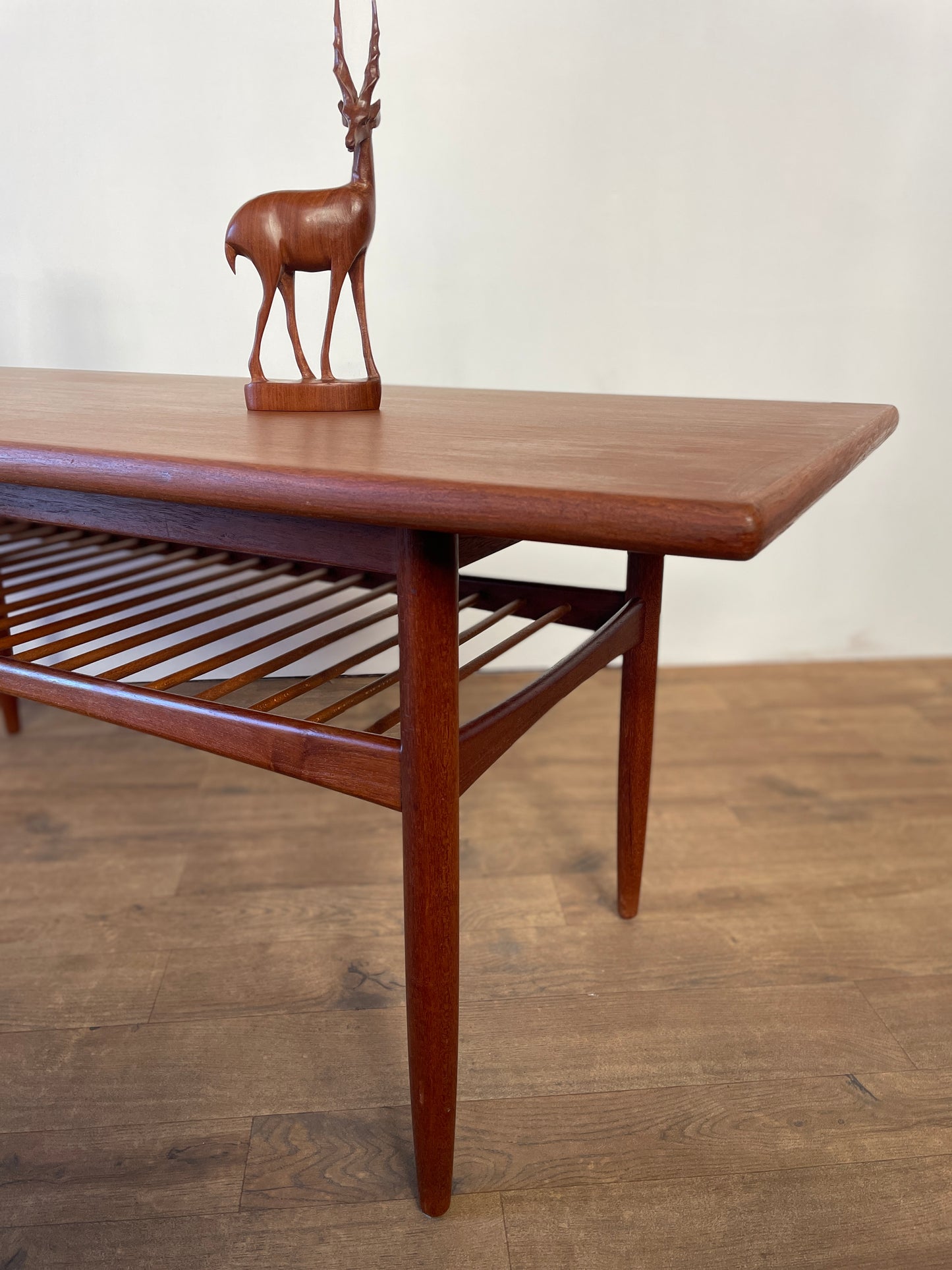 Mid-Century Danish Teak Coffee Table with Slatted Shelf | Scandinavian Modern