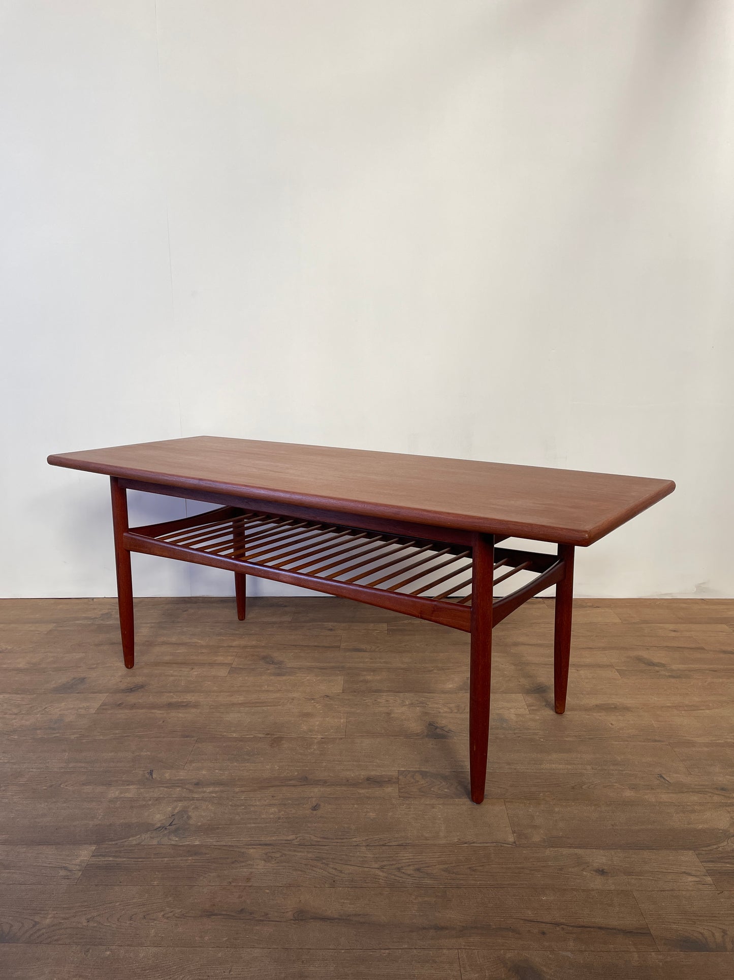Mid-Century Danish Teak Coffee Table with Slatted Shelf | Scandinavian Modern