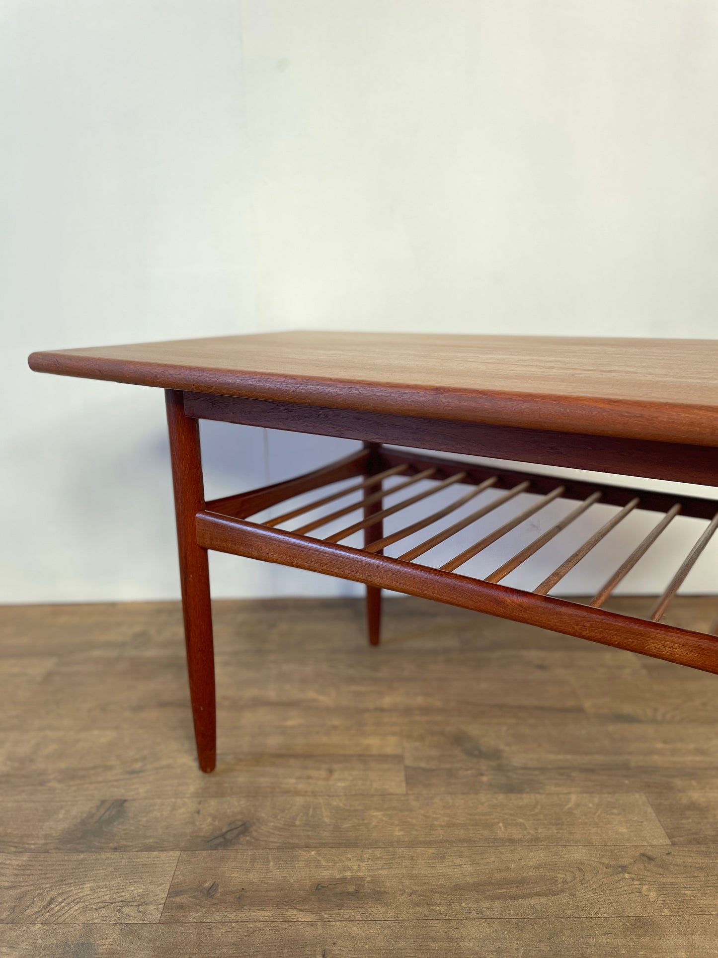 Mid-Century Danish Teak Coffee Table with Slatted Shelf | Scandinavian Modern