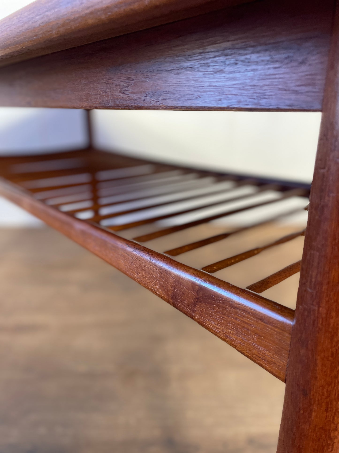 Mid-Century Danish Teak Coffee Table with Slatted Shelf | Scandinavian Modern