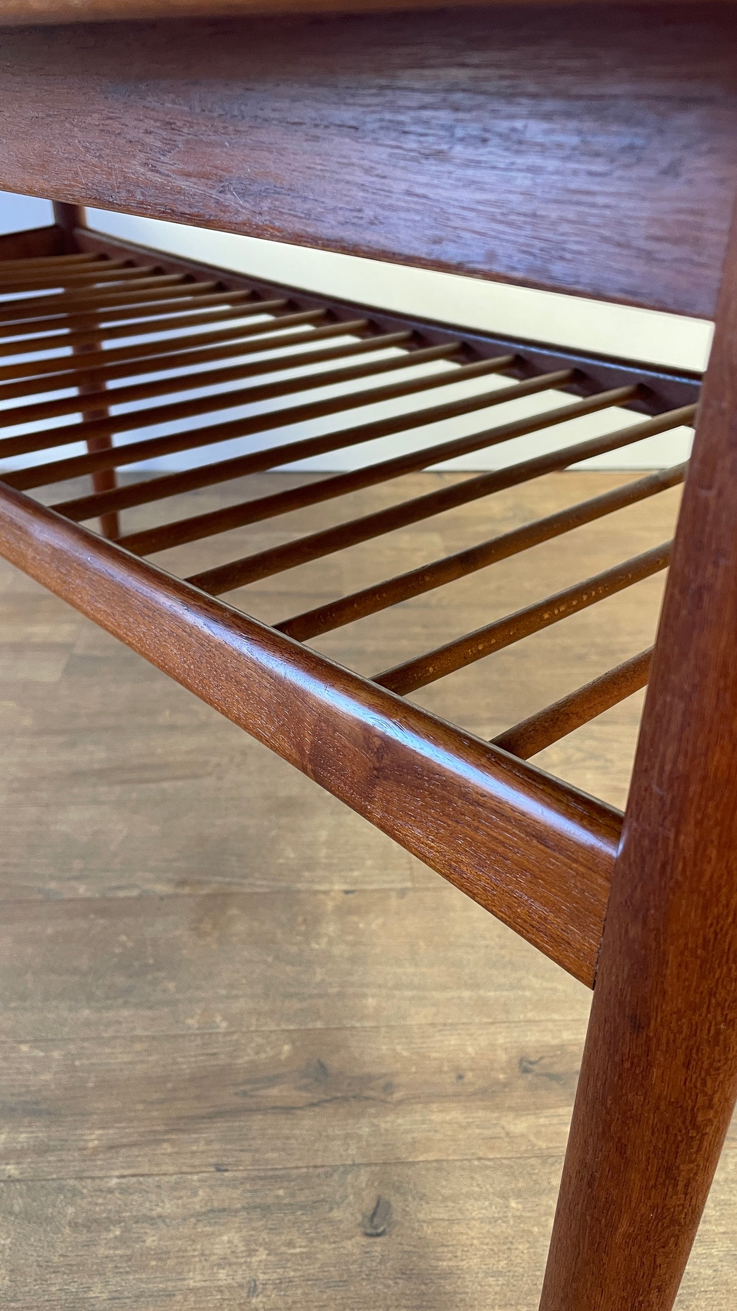 Mid-Century Danish Teak Coffee Table with Slatted Shelf | Scandinavian Modern