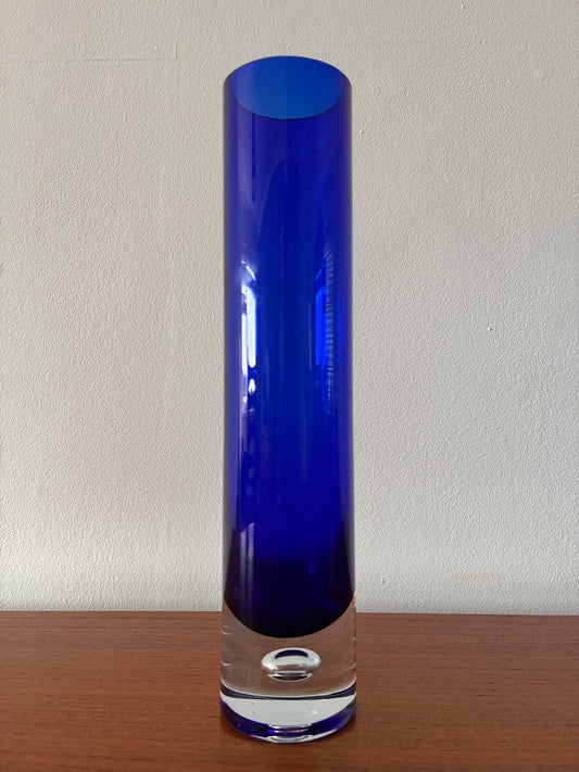 Vintage Cobalt Blue Art Glass Vase – Scandinavian Style Cylinder – Heavy Clear Base – Mid-Century Decorative Glass – 27cm Tall