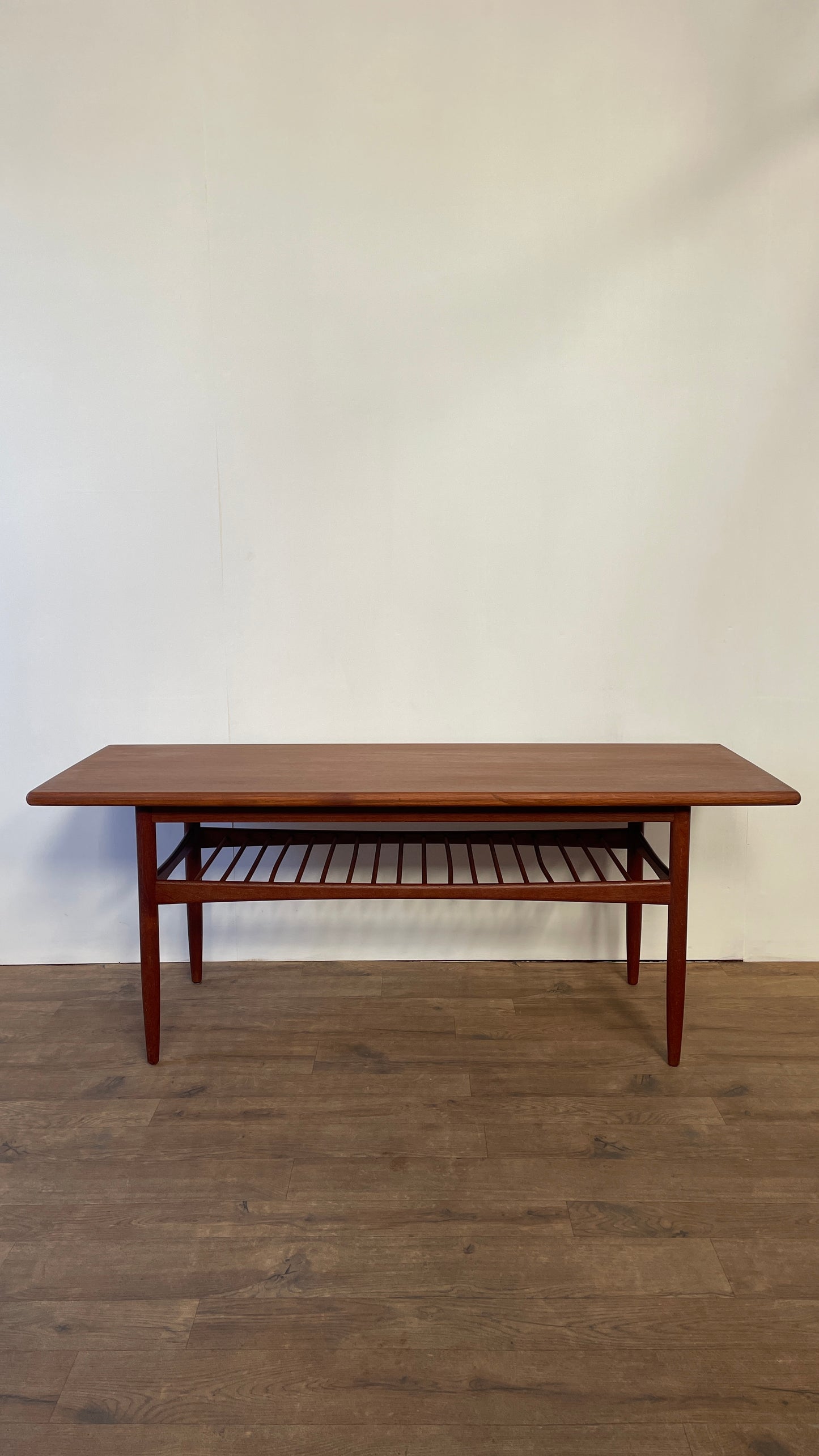 Mid-Century Danish Teak Coffee Table with Slatted Shelf | Scandinavian Modern