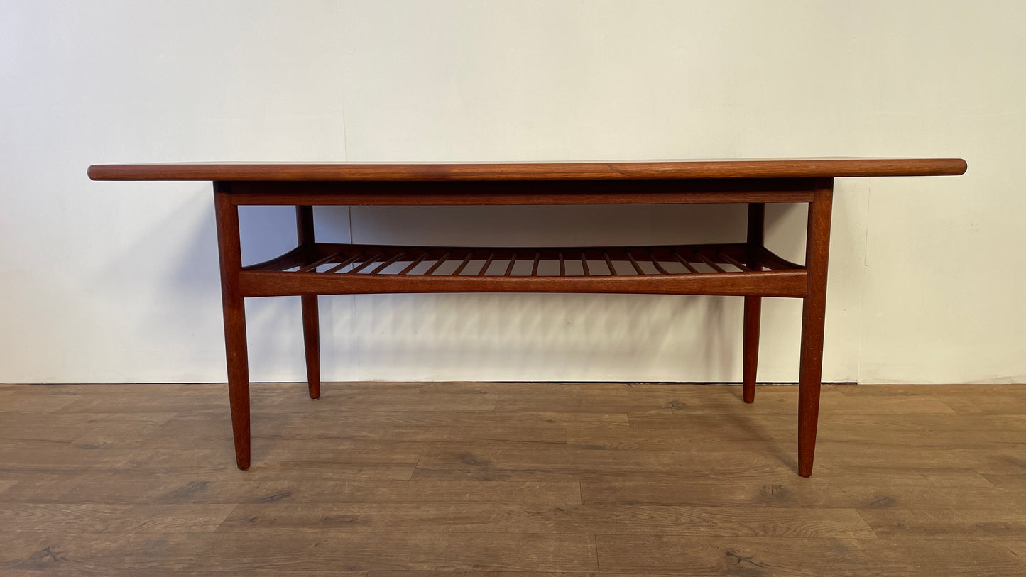 Mid-Century Danish Teak Coffee Table with Slatted Shelf | Scandinavian Modern