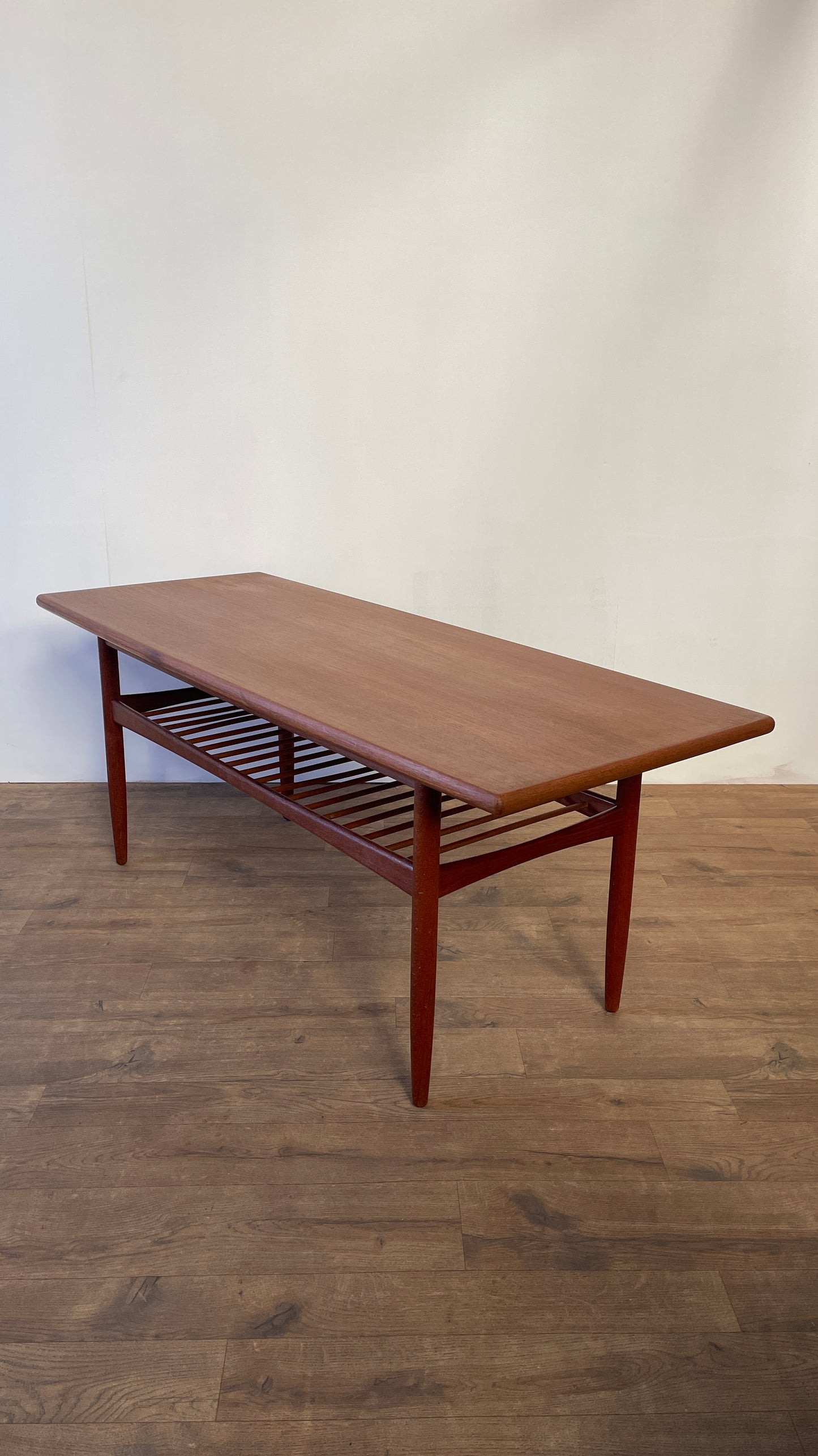Mid-Century Danish Teak Coffee Table with Slatted Shelf | Scandinavian Modern