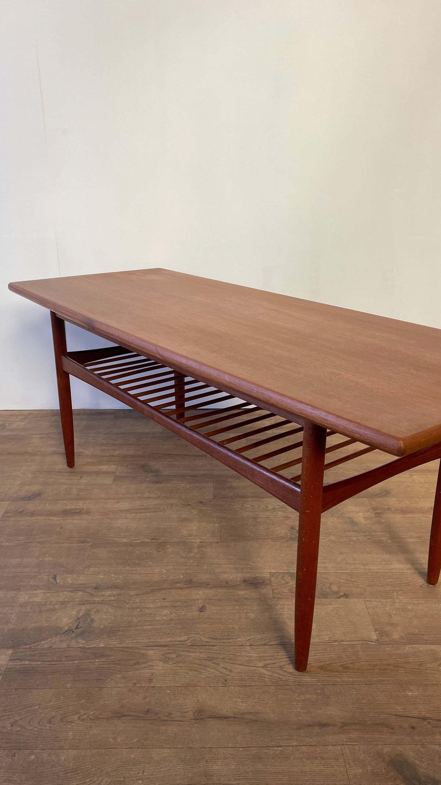Mid-Century Danish Teak Coffee Table with Slatted Shelf | Scandinavian Modern
