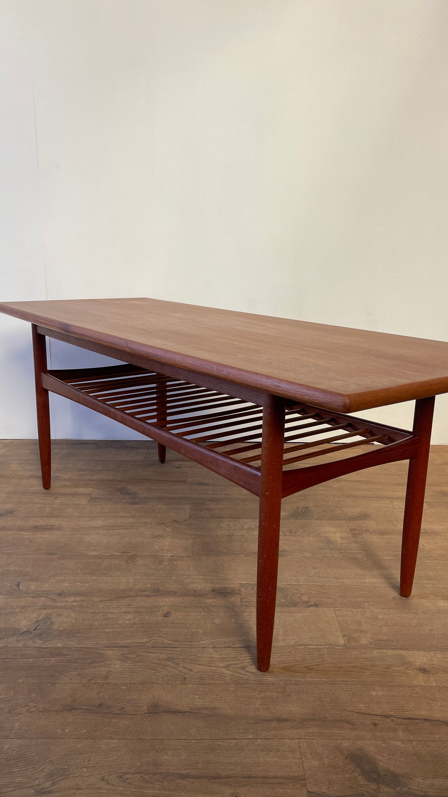 Mid-Century Danish Teak Coffee Table with Slatted Shelf | Scandinavian Modern