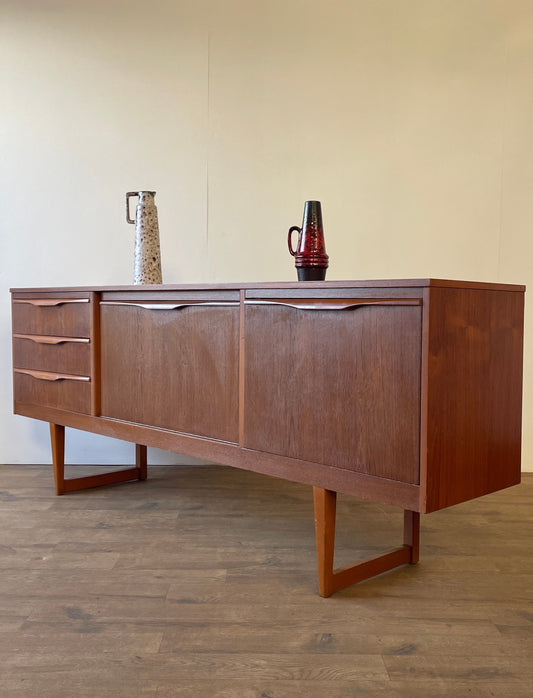 Mid-Century Teak Sideboard with Sculpted Handles & Sliding Doors | 1960s Danish Style