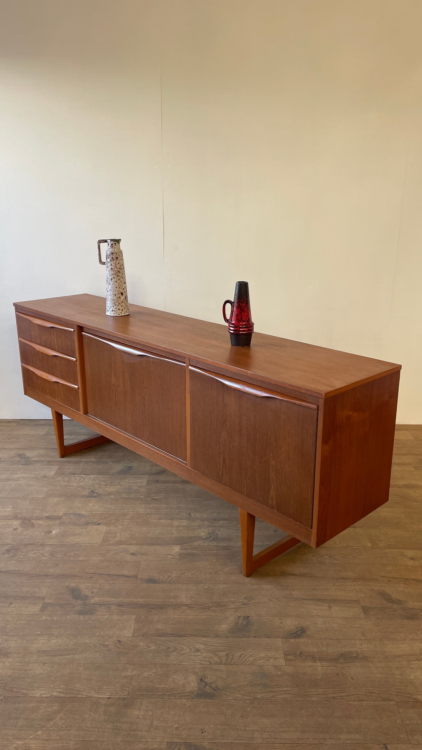 Mid-Century Teak Sideboard with Sculpted Handles & Sliding Doors | 1960s Danish Style