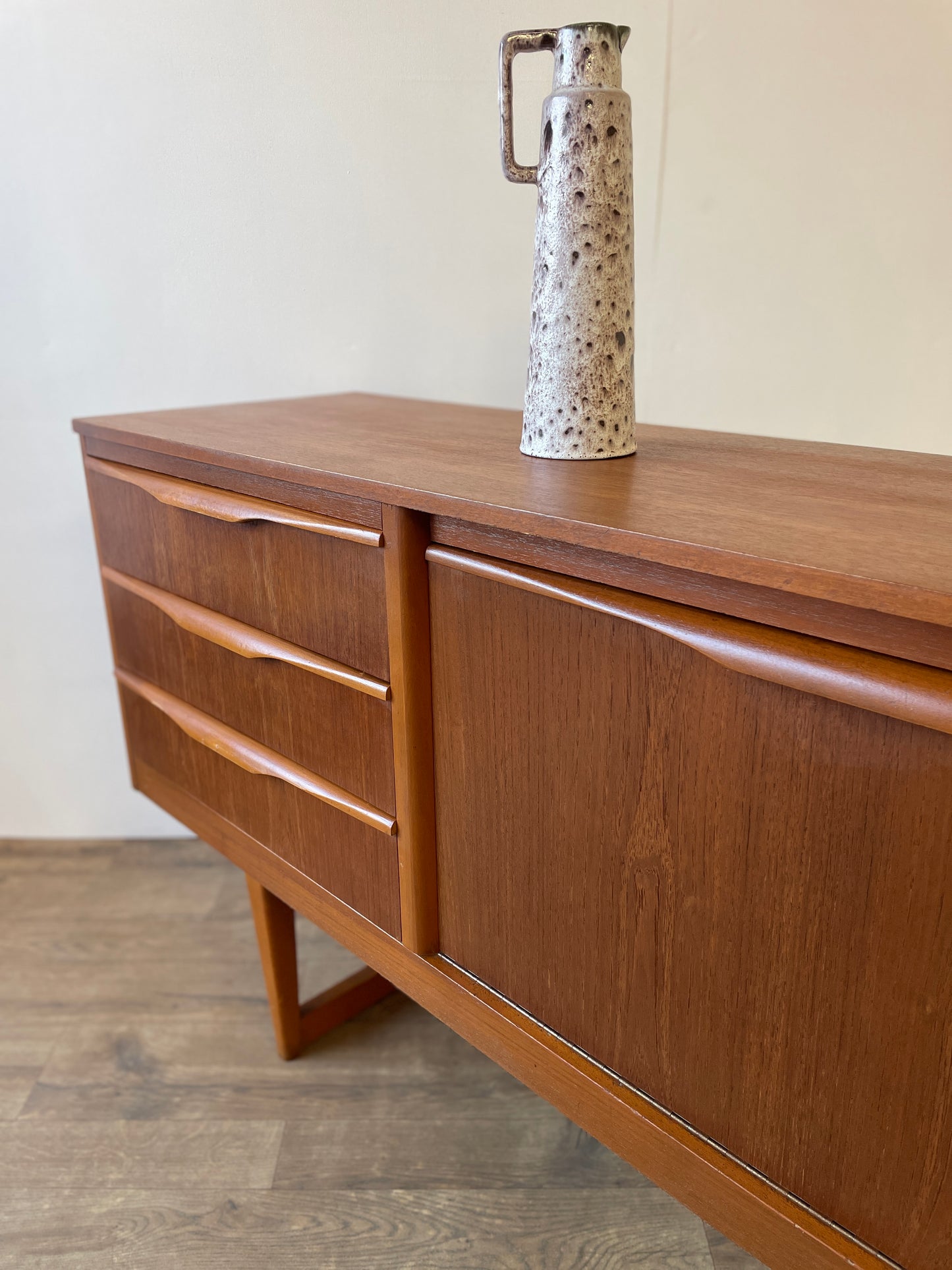 Mid-Century Teak Sideboard with Sculpted Handles & Sliding Doors | 1960s Danish Style