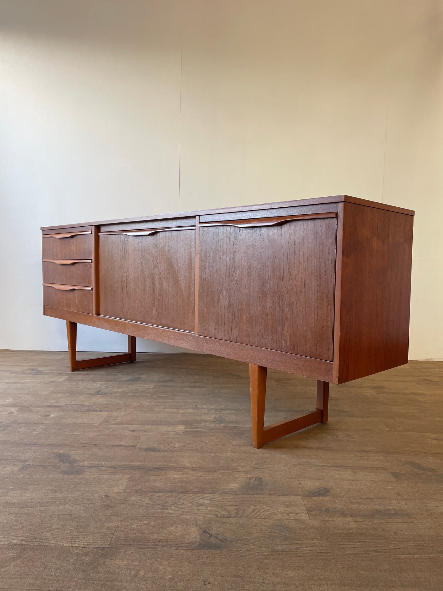 Mid-Century Teak Sideboard with Sculpted Handles & Sliding Doors | 1960s Danish Style