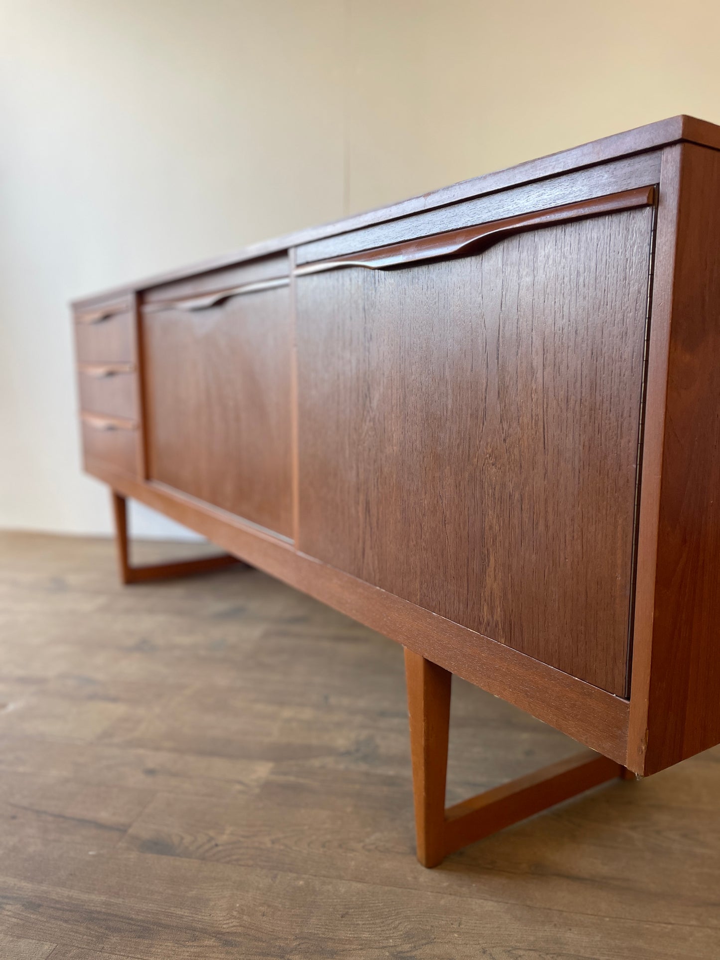 Mid-Century Teak Sideboard with Sculpted Handles & Sliding Doors | 1960s Danish Style