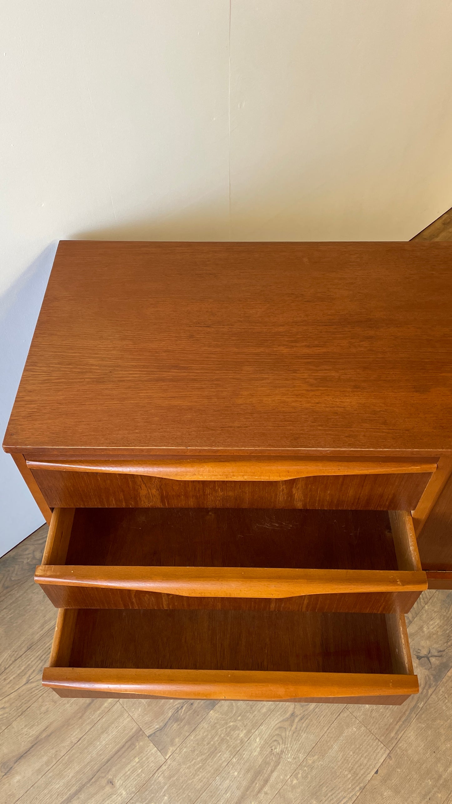 Mid-Century Teak Sideboard with Sculpted Handles & Sliding Doors | 1960s Danish Style
