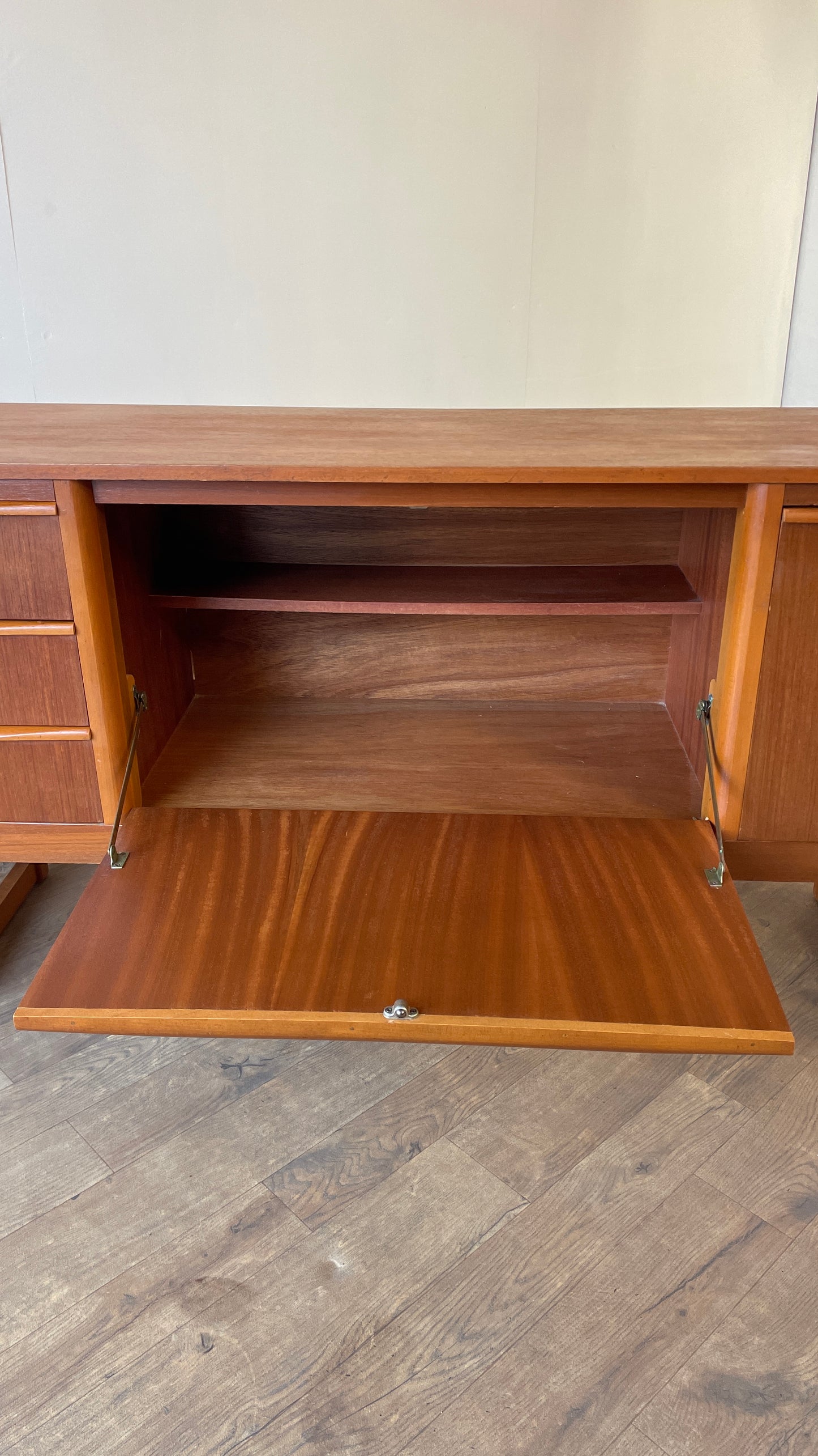 Mid-Century Teak Sideboard with Sculpted Handles & Sliding Doors | 1960s Danish Style