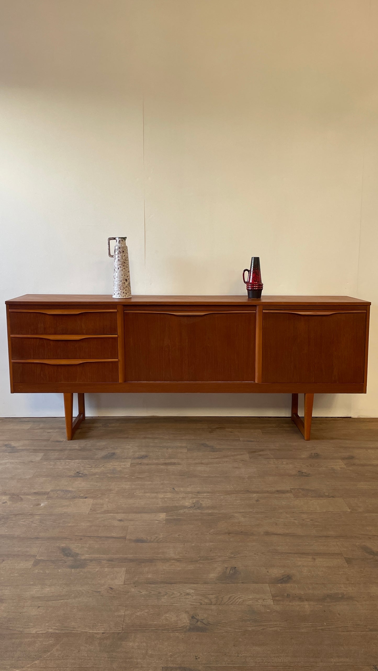 Mid-Century Teak Sideboard with Sculpted Handles & Sliding Doors | 1960s Danish Style