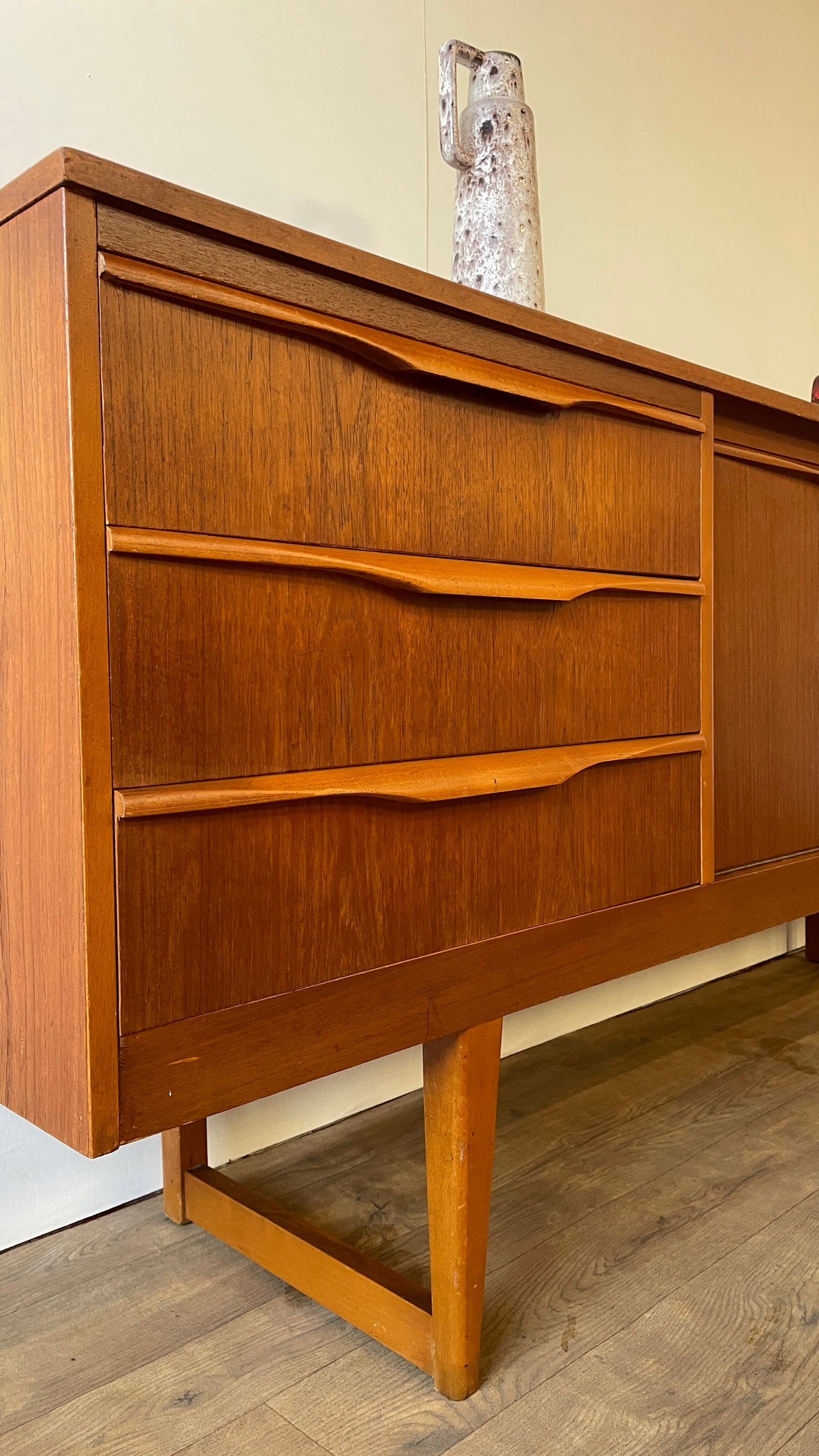 Mid-Century Teak Sideboard with Sculpted Handles & Sliding Doors | 1960s Danish Style