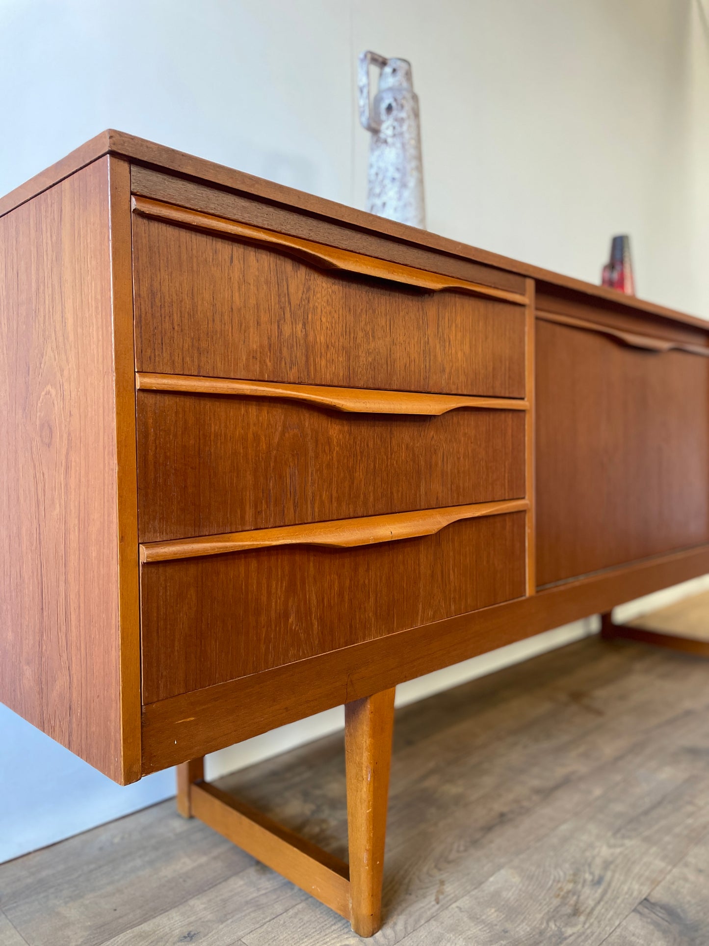 Mid-Century Teak Sideboard with Sculpted Handles & Sliding Doors | 1960s Danish Style
