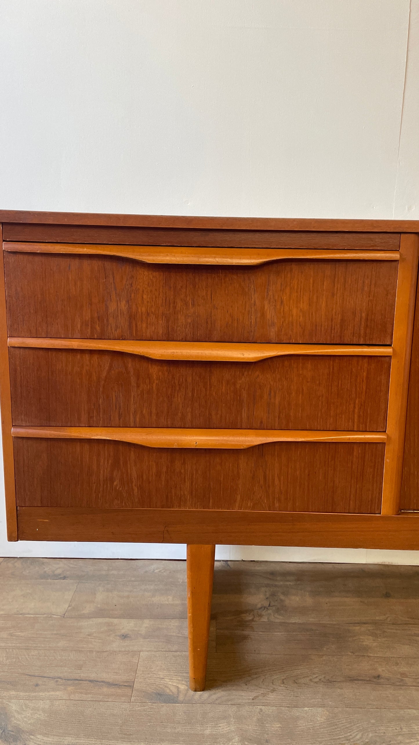 Mid-Century Teak Sideboard with Sculpted Handles & Sliding Doors | 1960s Danish Style