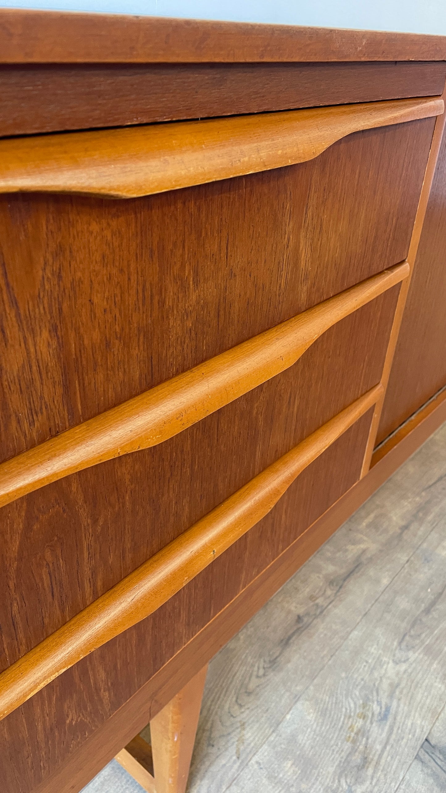 Mid-Century Teak Sideboard with Sculpted Handles & Sliding Doors | 1960s Danish Style