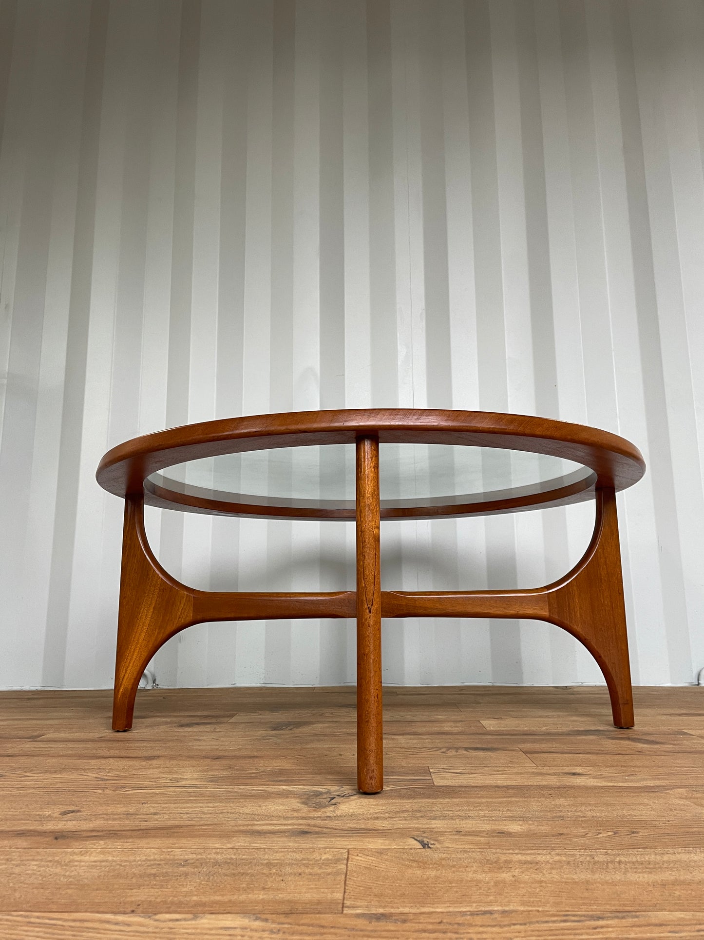 Mid-Century Round Teak Stateroom Stonehill Coffee Table w/ Glass Top