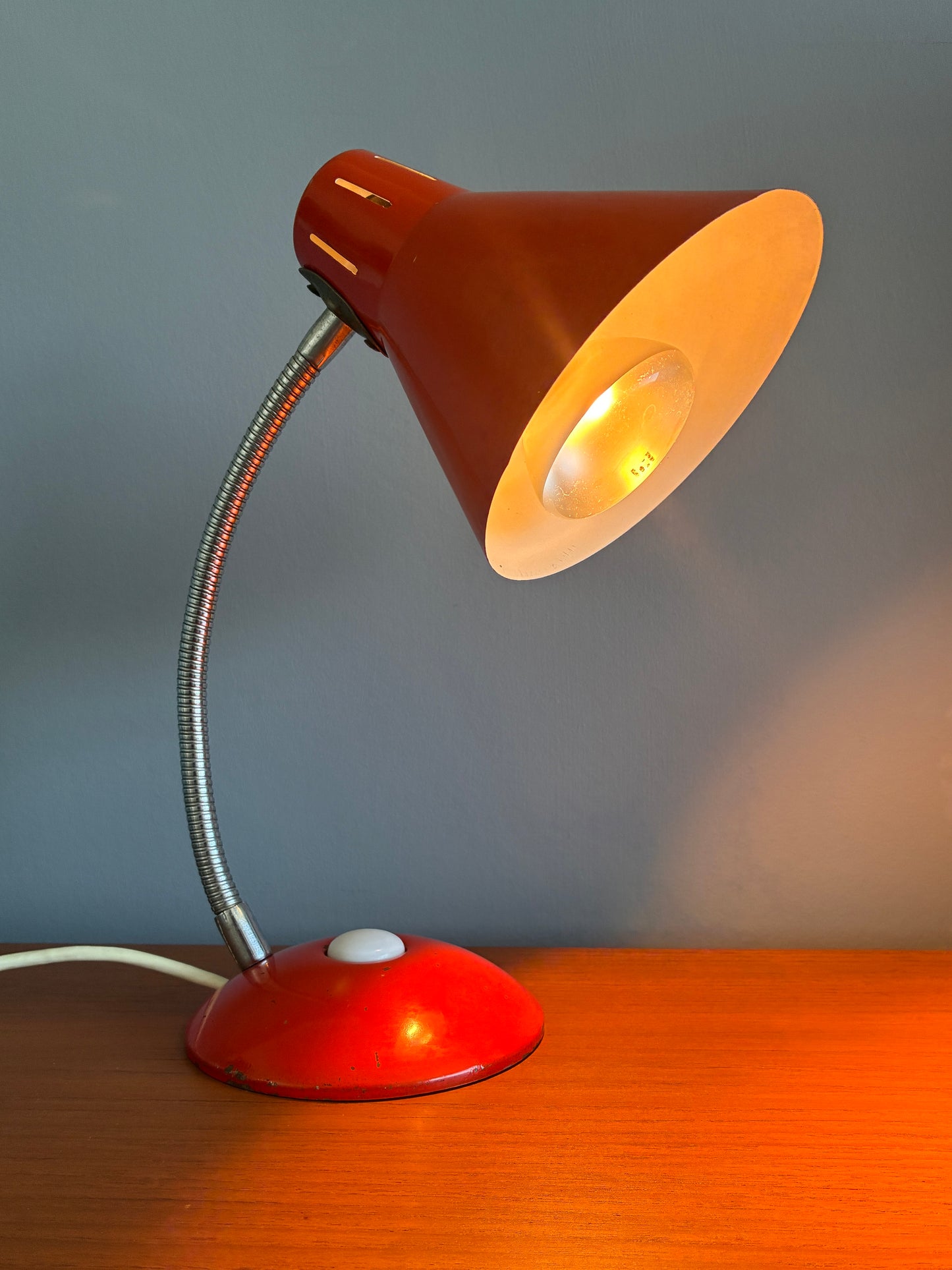 Vintage Mid-Century Red Gooseneck Desk Lamp | Retro Metal Adjustable Table Light