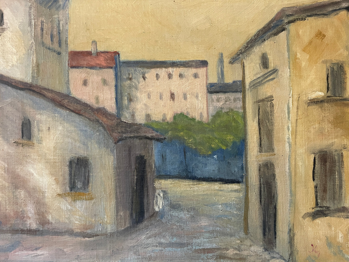 Mediterranean Town Street Scene – Vintage Original Oil Painting on Canvas in Cream Wood Frame