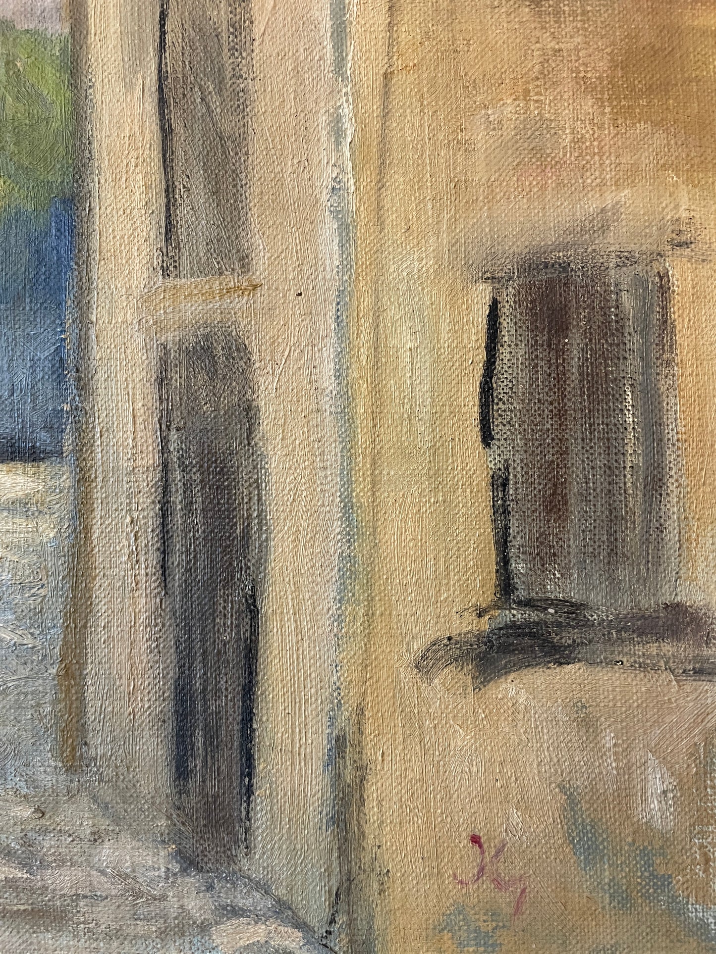 Mediterranean Town Street Scene – Vintage Original Oil Painting on Canvas in Cream Wood Frame