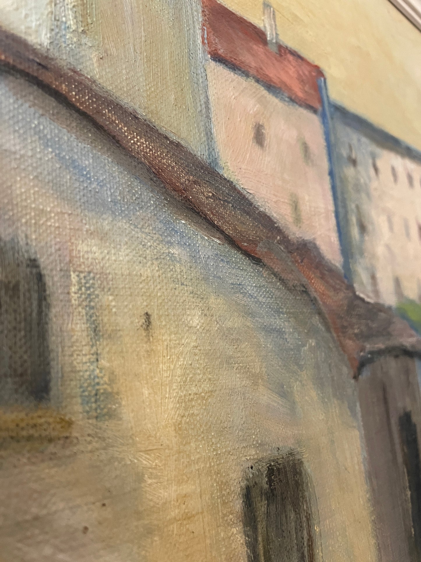 Mediterranean Town Street Scene – Vintage Original Oil Painting on Canvas in Cream Wood Frame