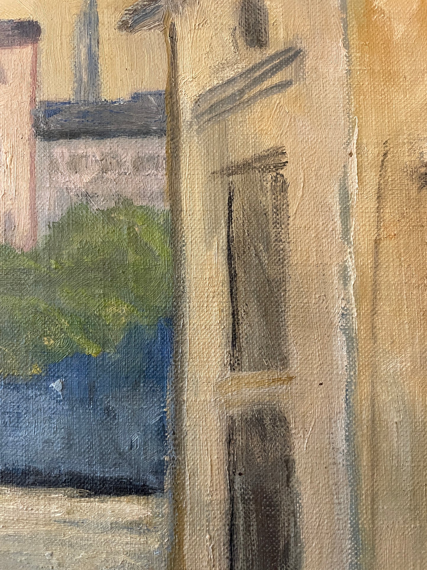 Mediterranean Town Street Scene – Vintage Original Oil Painting on Canvas in Cream Wood Frame