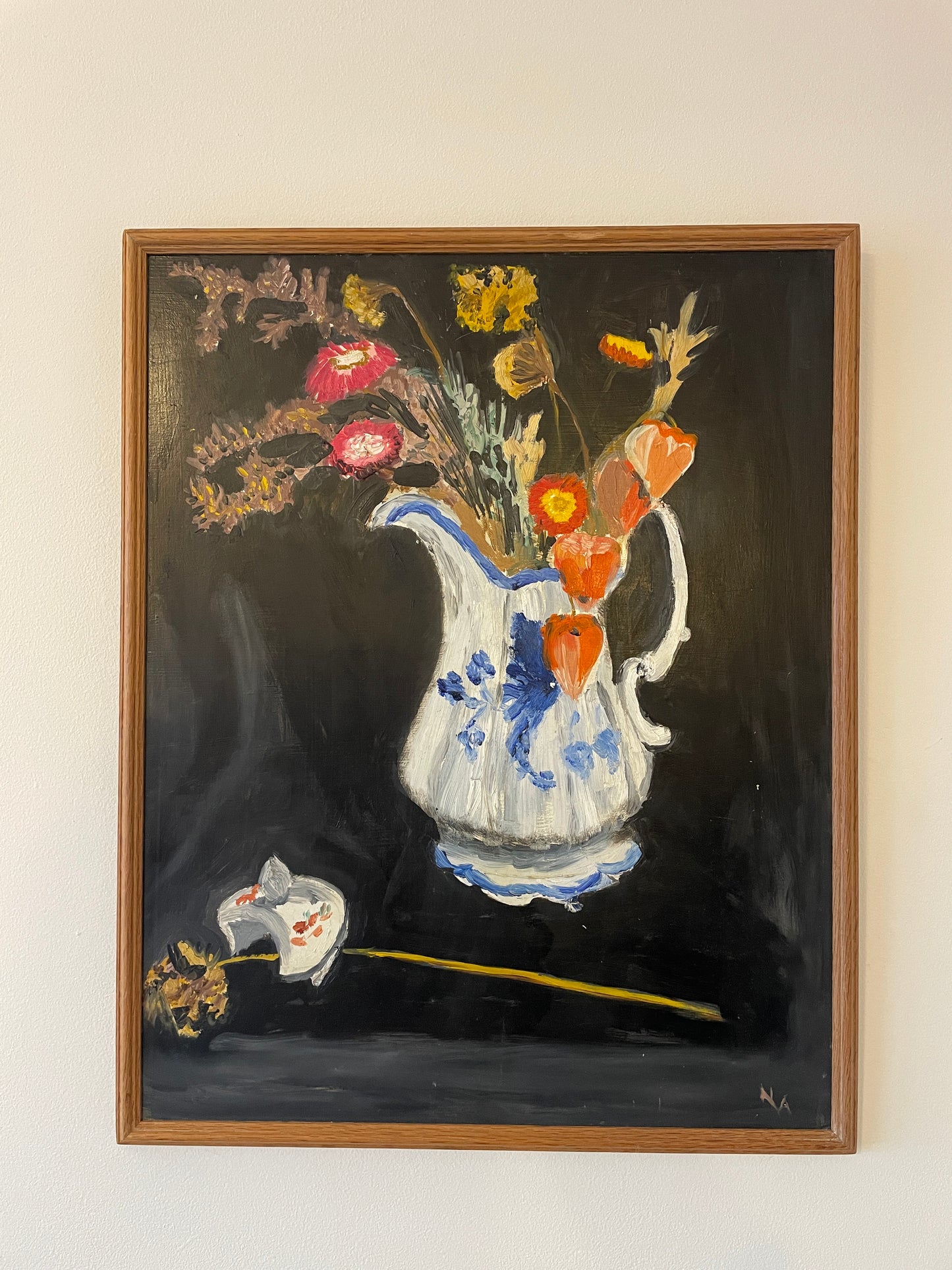 Vintage Original Oil Painting Still Life Wild Flowers in Jug – Framed Canvas Artwork 43cm x 54cm