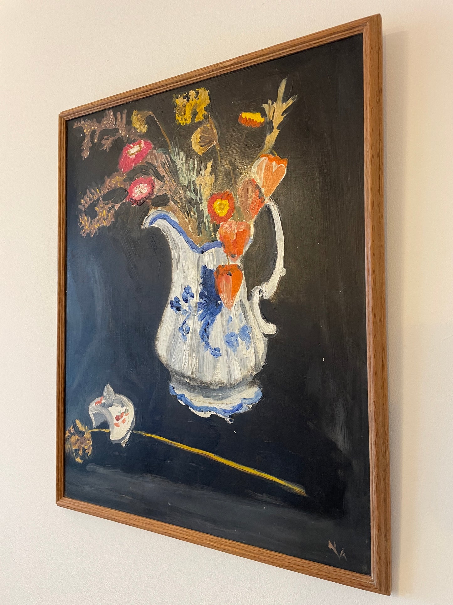 Vintage Original Oil Painting Still Life Wild Flowers in Jug – Framed Canvas Artwork 43cm x 54cm