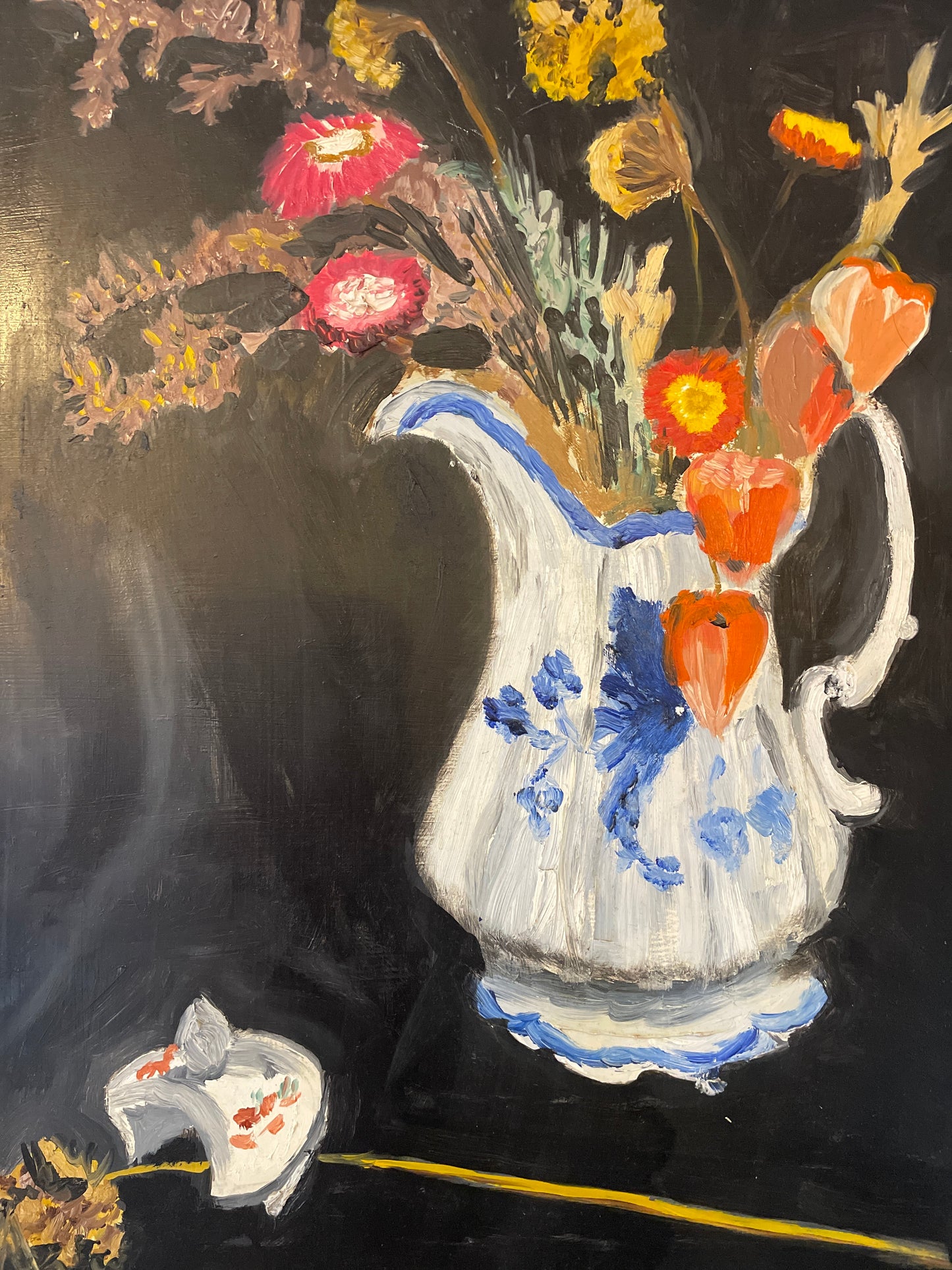 Vintage Original Oil Painting Still Life Wild Flowers in Jug – Framed Canvas Artwork 43cm x 54cm
