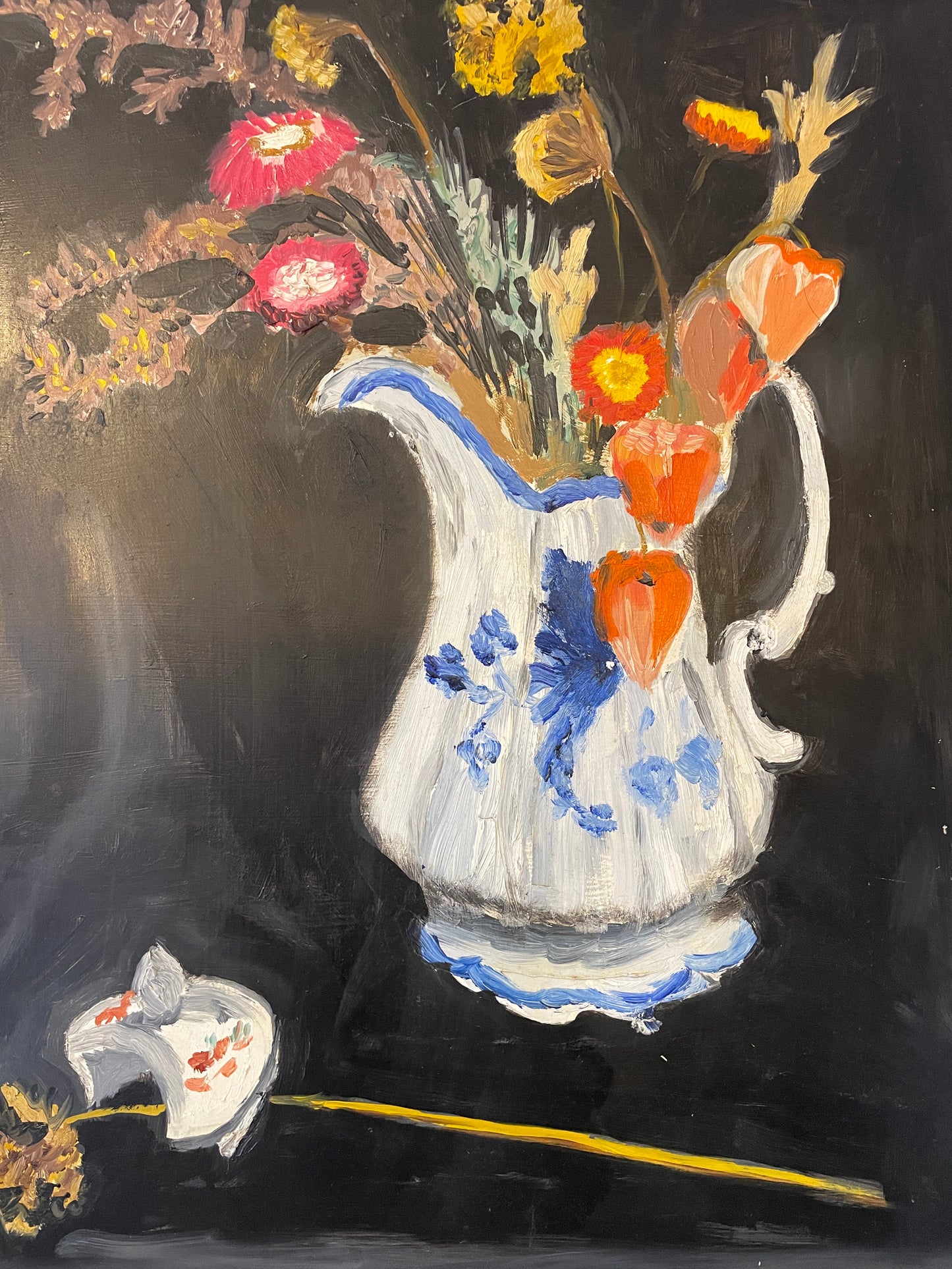 Vintage Original Oil Painting Still Life Wild Flowers in Jug – Framed Canvas Artwork 43cm x 54cm