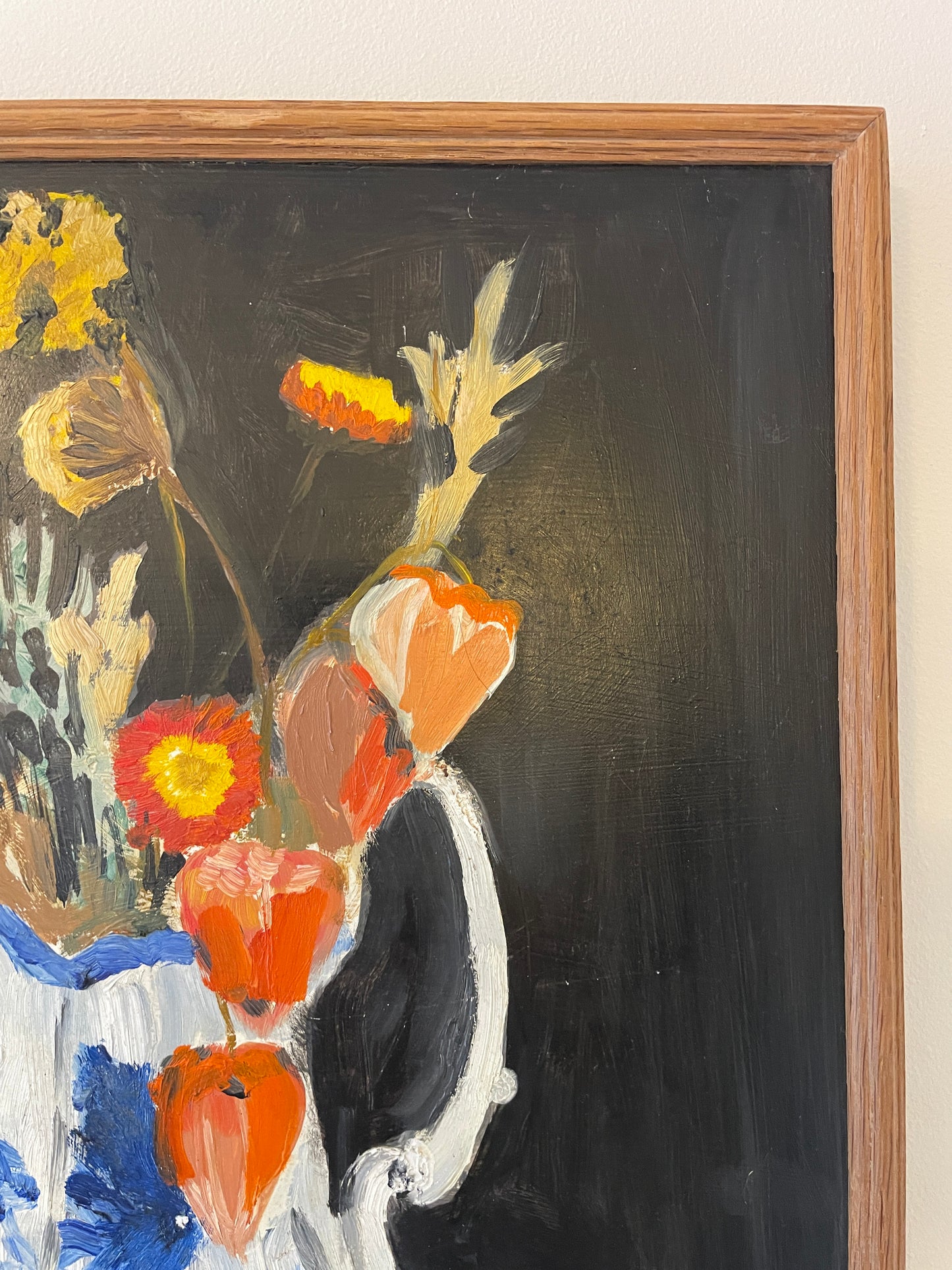 Vintage Original Oil Painting Still Life Wild Flowers in Jug – Framed Canvas Artwork 43cm x 54cm