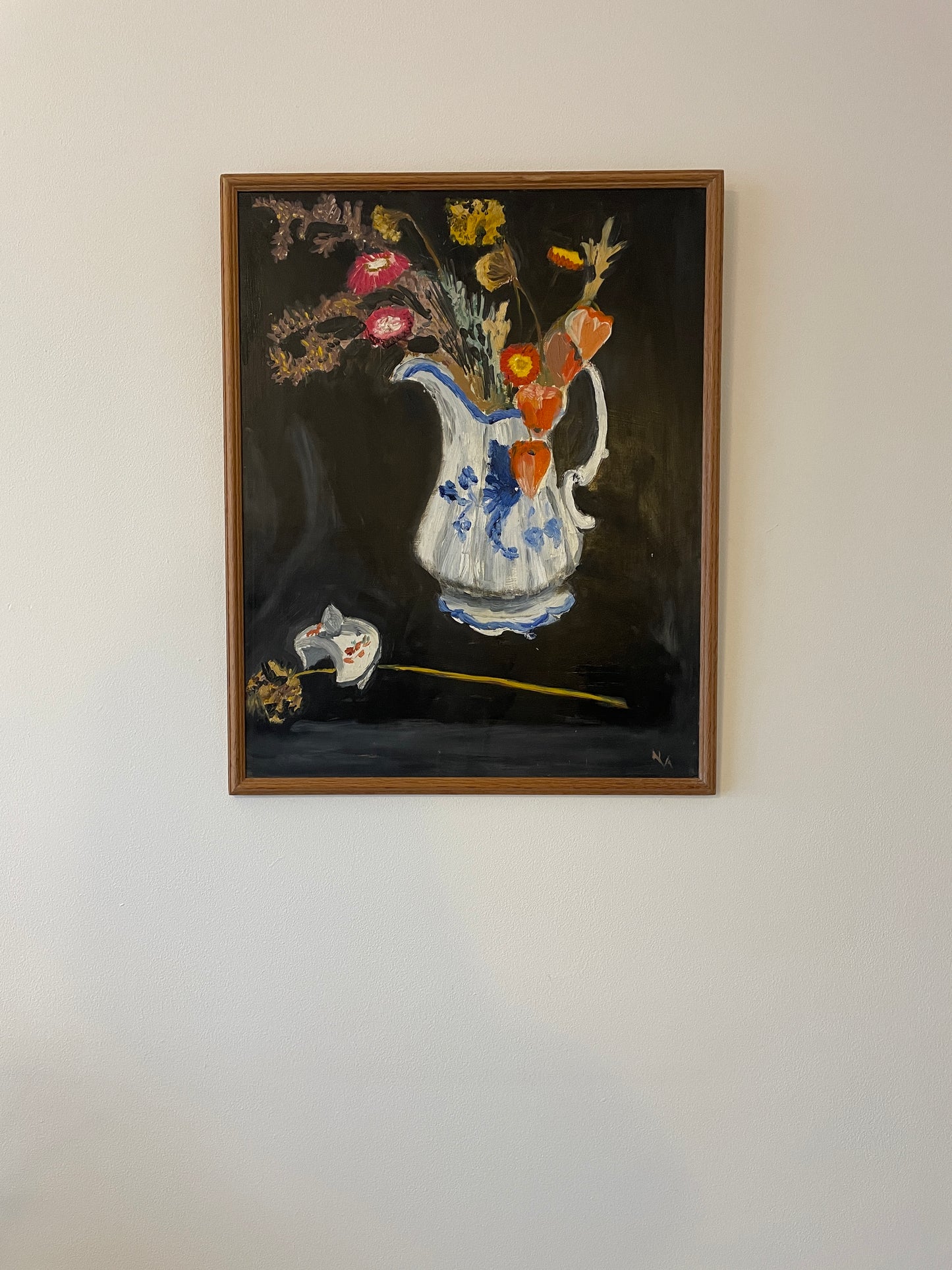 Vintage Original Oil Painting Still Life Wild Flowers in Jug – Framed Canvas Artwork 43cm x 54cm