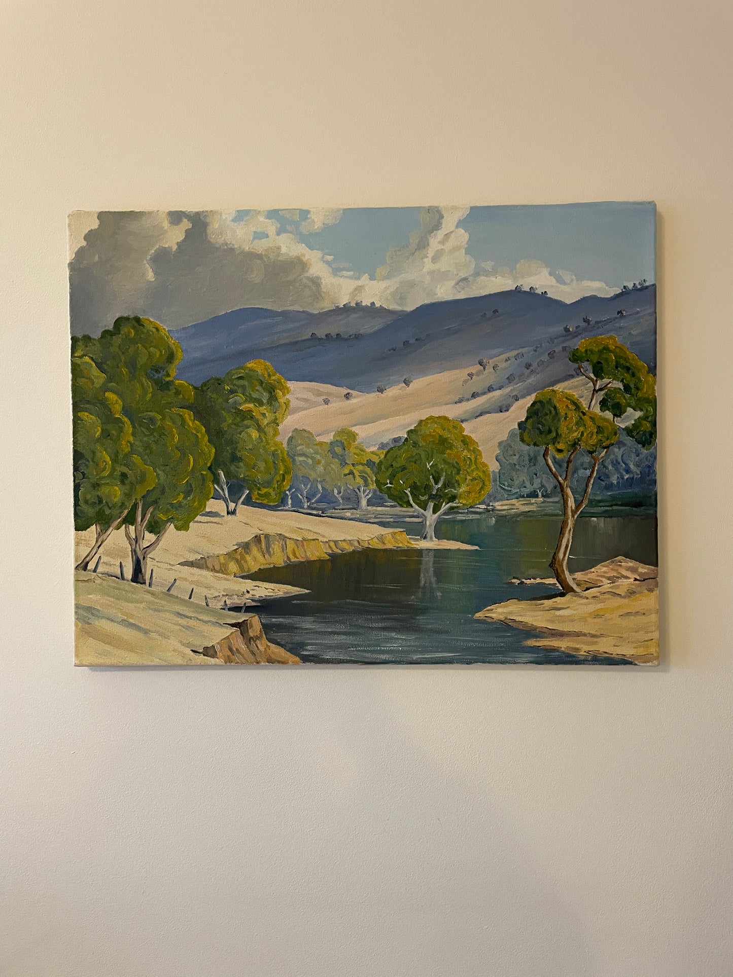 Vintage River Landscape Oil Painting on Canvas – Original Mid Century Impressionist Style Countryside Lake Scene – 59cm x 46cm
