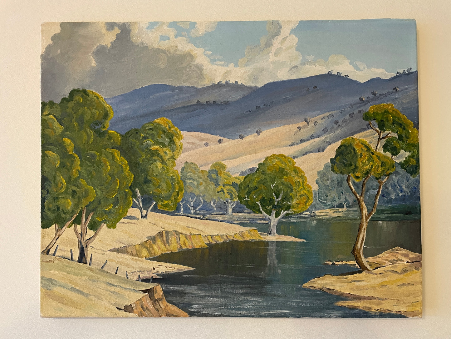 Vintage River Landscape Oil Painting on Canvas – Original Mid Century Impressionist Style Countryside Lake Scene – 59cm x 46cm