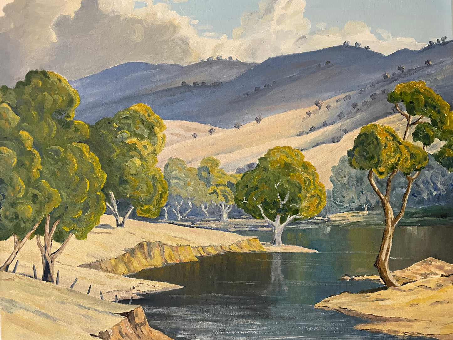 Vintage River Landscape Oil Painting on Canvas – Original Mid Century Impressionist Style Countryside Lake Scene – 59cm x 46cm