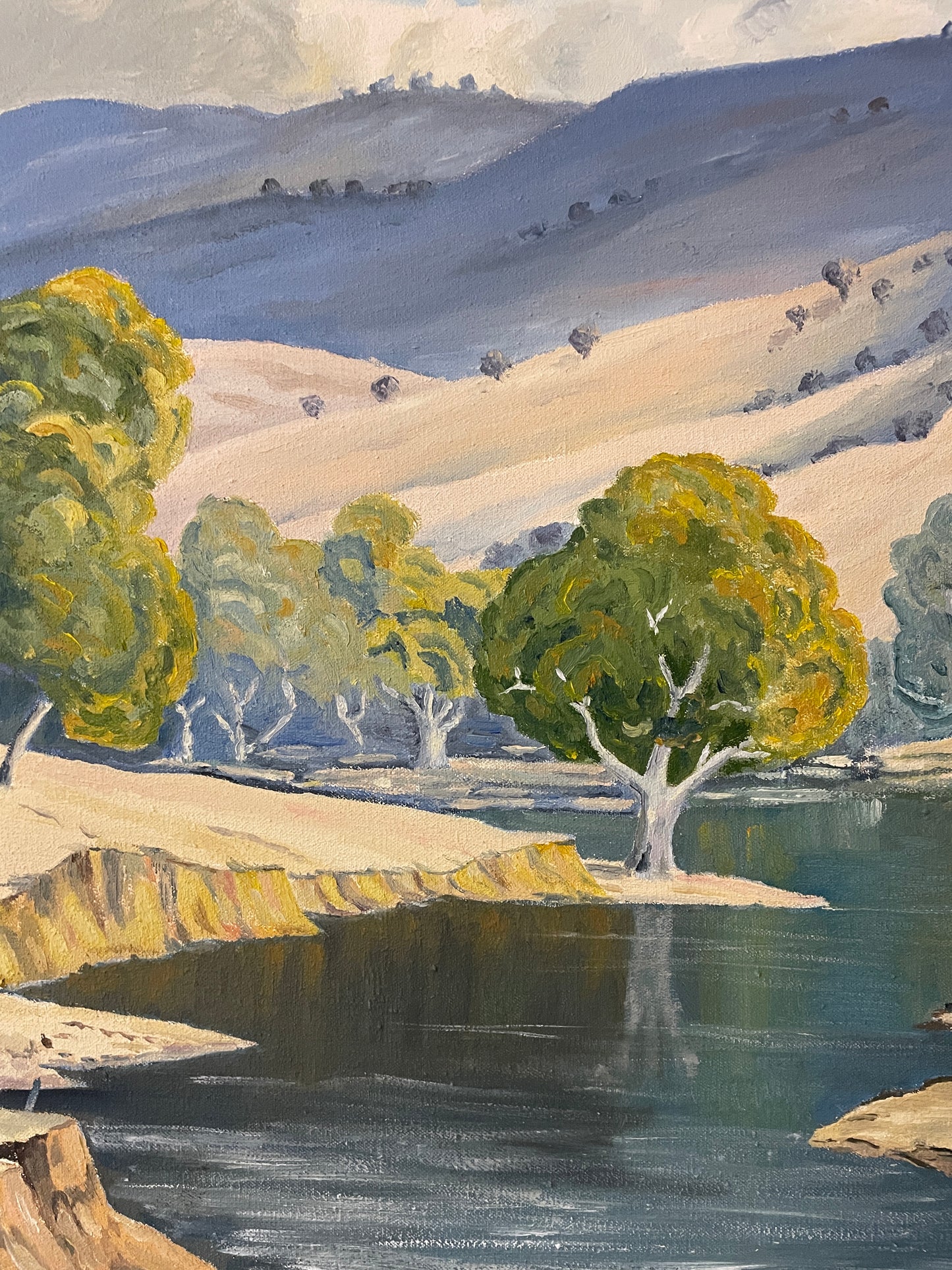 Vintage River Landscape Oil Painting on Canvas – Original Mid Century Impressionist Style Countryside Lake Scene – 59cm x 46cm