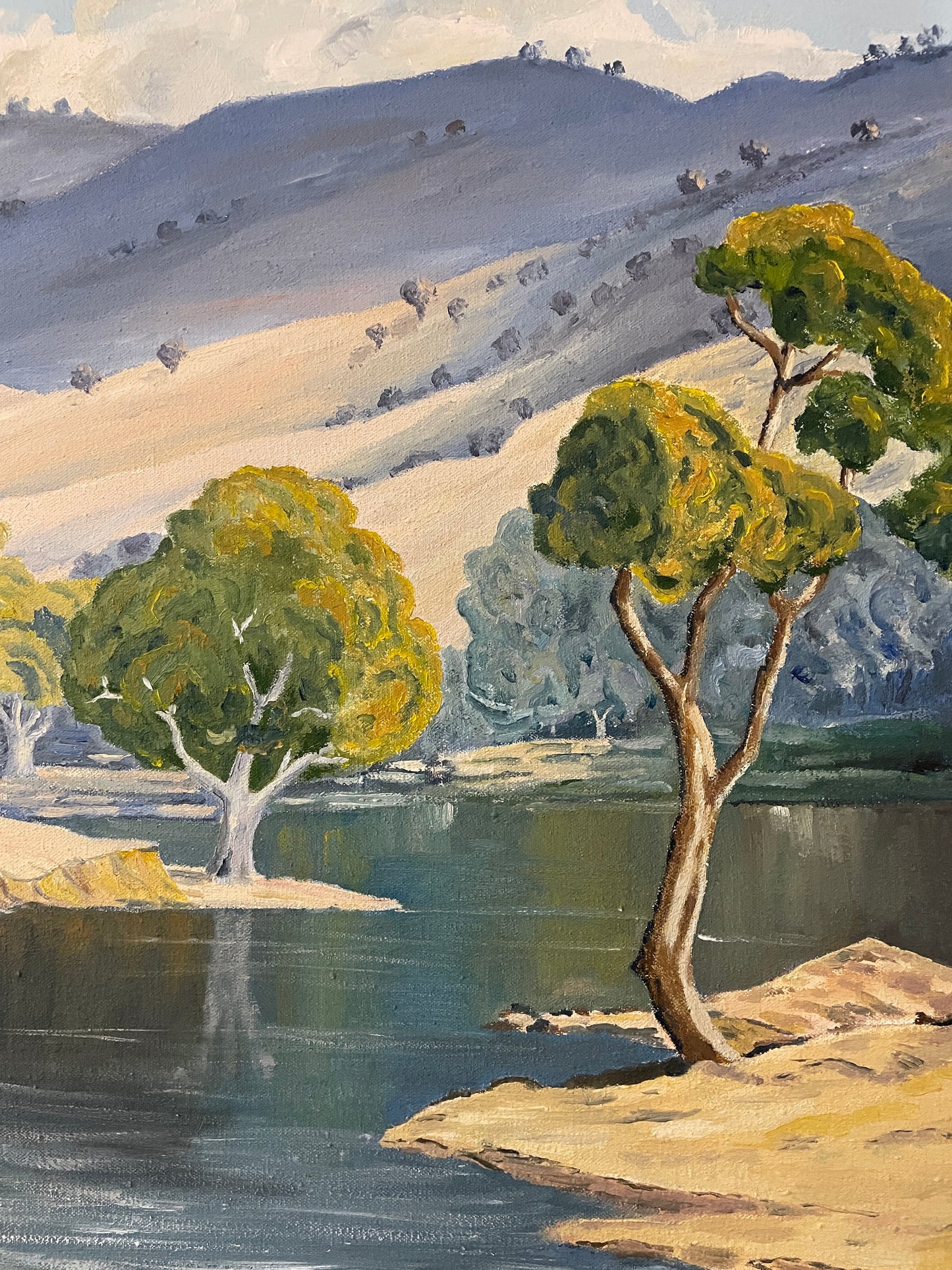 Vintage River Landscape Oil Painting on Canvas – Original Mid Century Impressionist Style Countryside Lake Scene – 59cm x 46cm