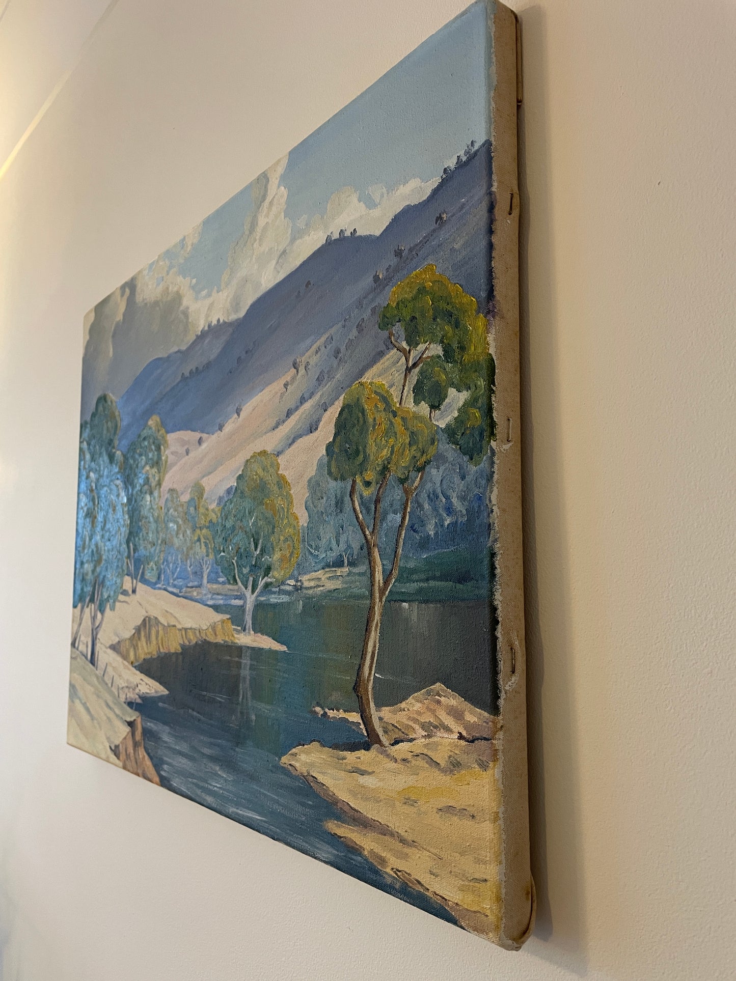 Vintage River Landscape Oil Painting on Canvas – Original Mid Century Impressionist Style Countryside Lake Scene – 59cm x 46cm