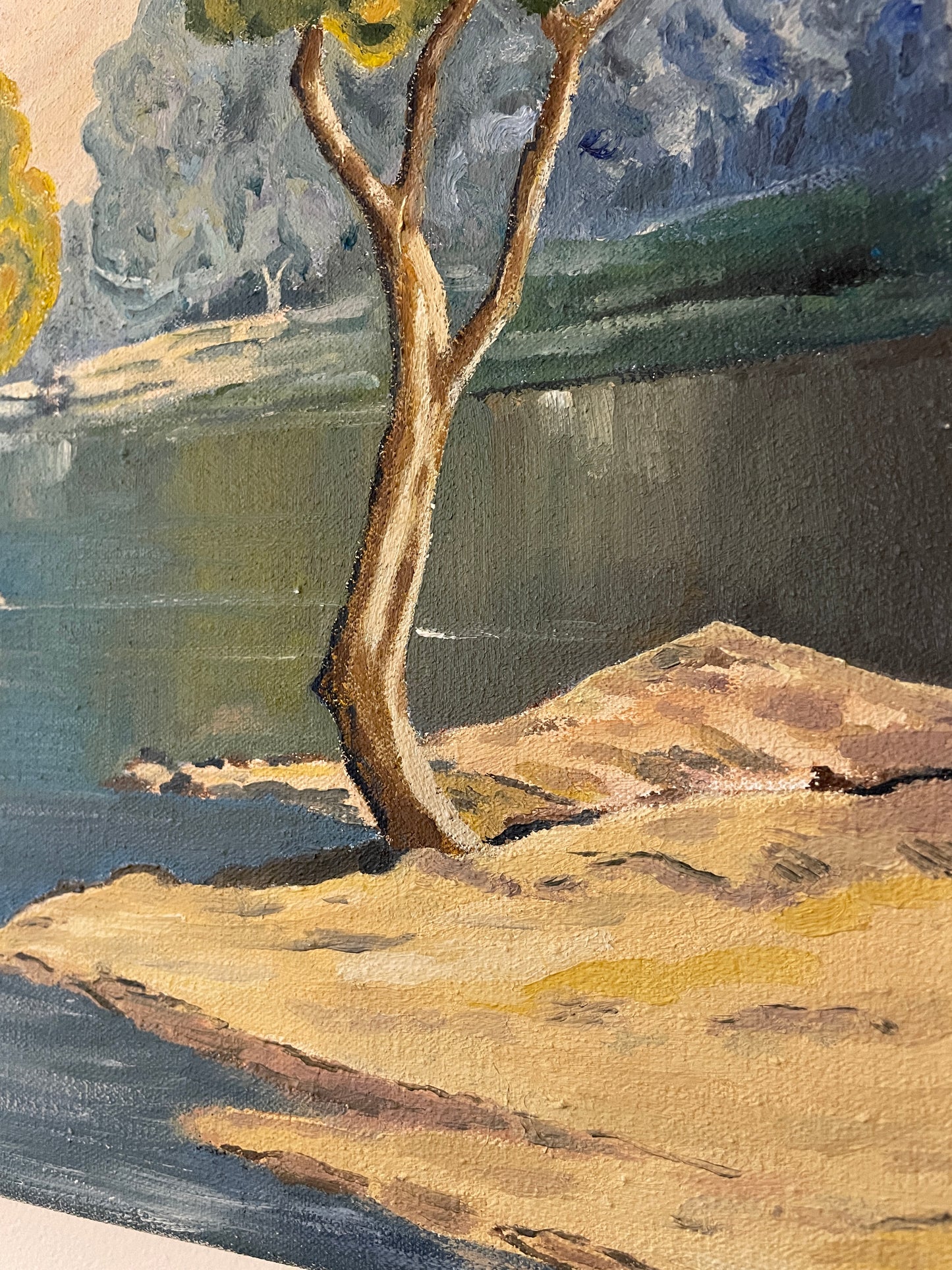 Vintage River Landscape Oil Painting on Canvas – Original Mid Century Impressionist Style Countryside Lake Scene – 59cm x 46cm