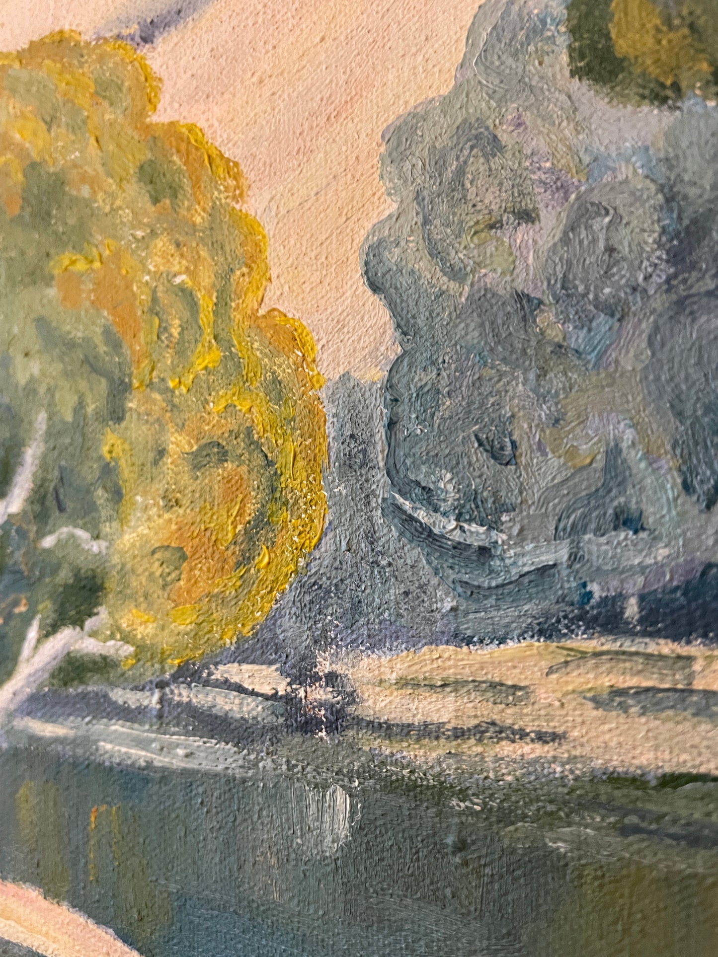 Vintage River Landscape Oil Painting on Canvas – Original Mid Century Impressionist Style Countryside Lake Scene – 59cm x 46cm