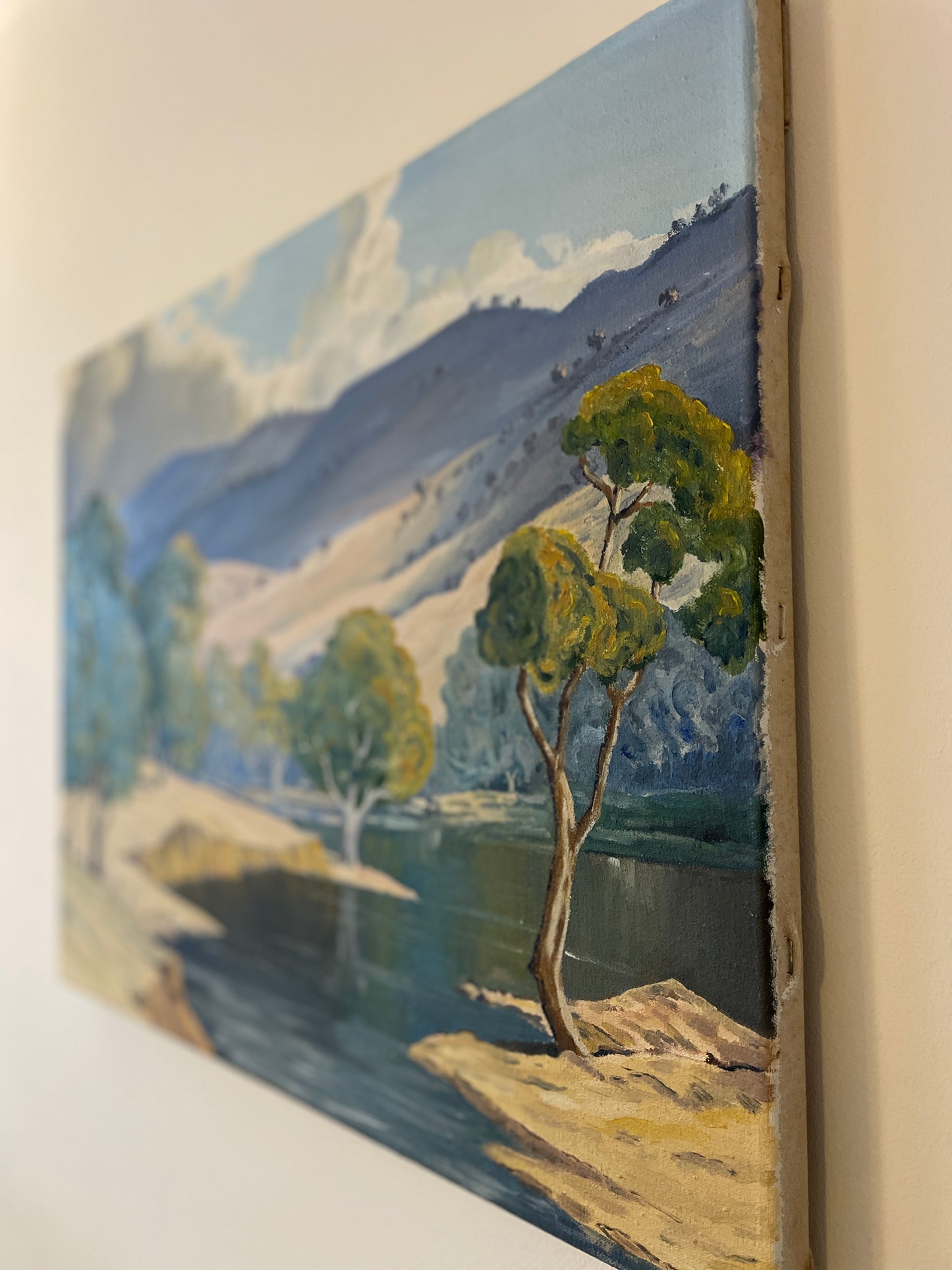 Vintage River Landscape Oil Painting on Canvas – Original Mid Century Impressionist Style Countryside Lake Scene – 59cm x 46cm