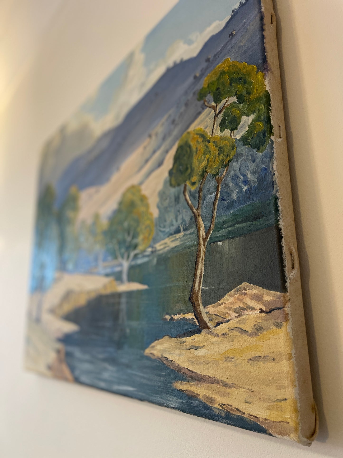 Vintage River Landscape Oil Painting on Canvas – Original Mid Century Impressionist Style Countryside Lake Scene – 59cm x 46cm
