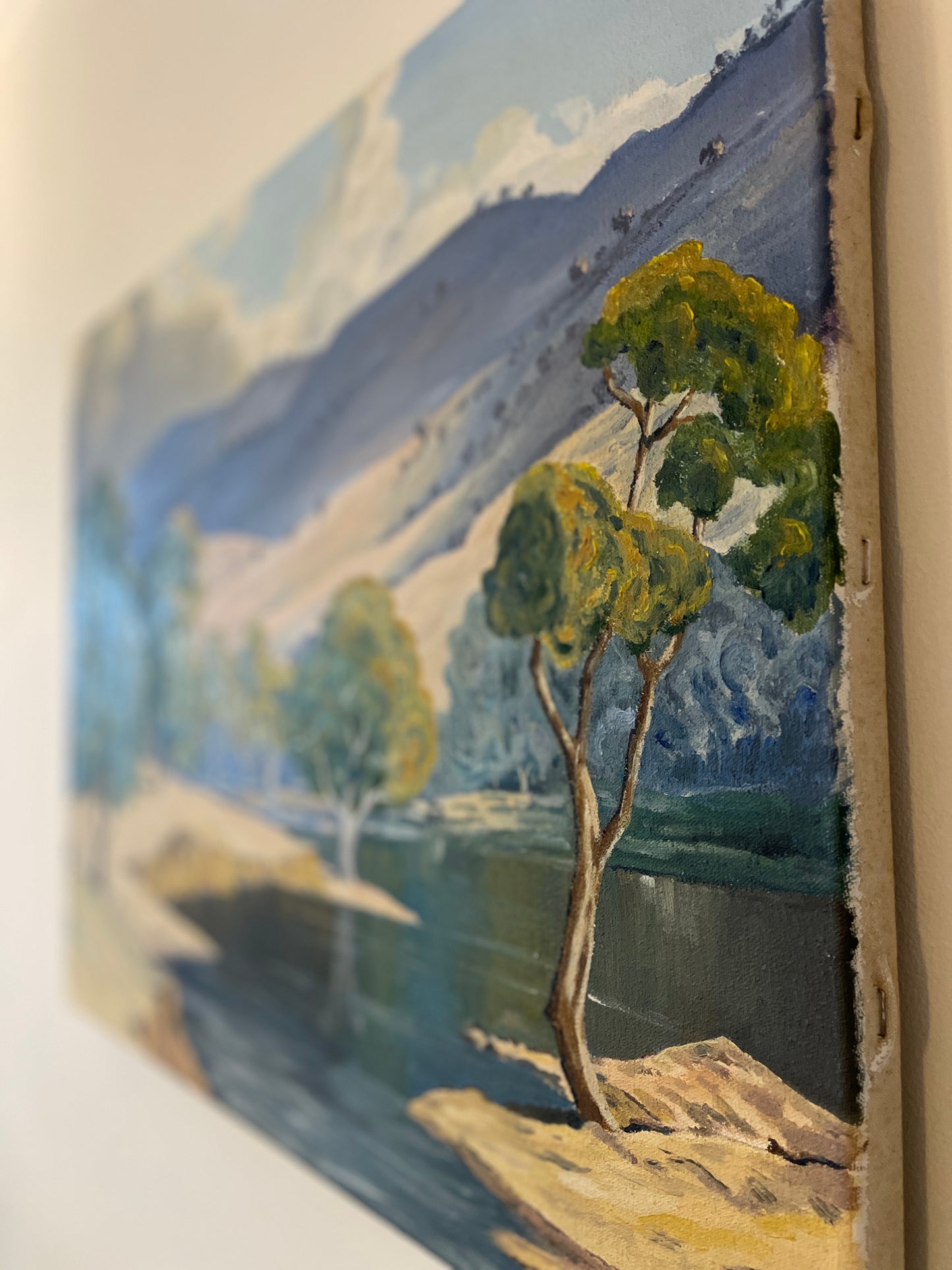 Vintage River Landscape Oil Painting on Canvas – Original Mid Century Impressionist Style Countryside Lake Scene – 59cm x 46cm