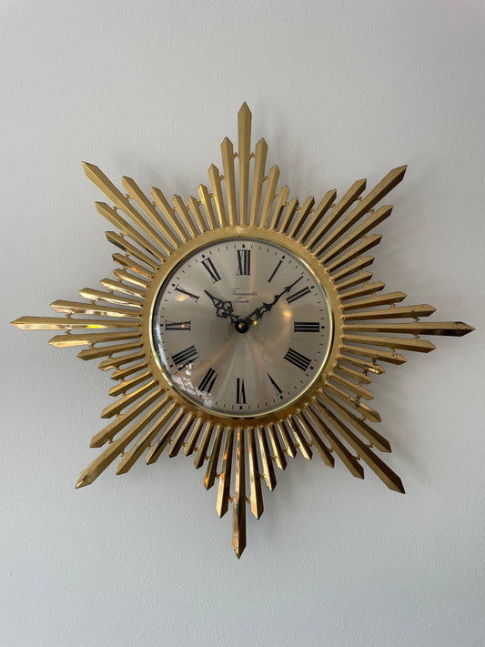 Vintage Mid-Century Gold Starburst Wall Clock by Timemaster Quartz – 45cm Atomic Sunburst Retro Wall Clock
