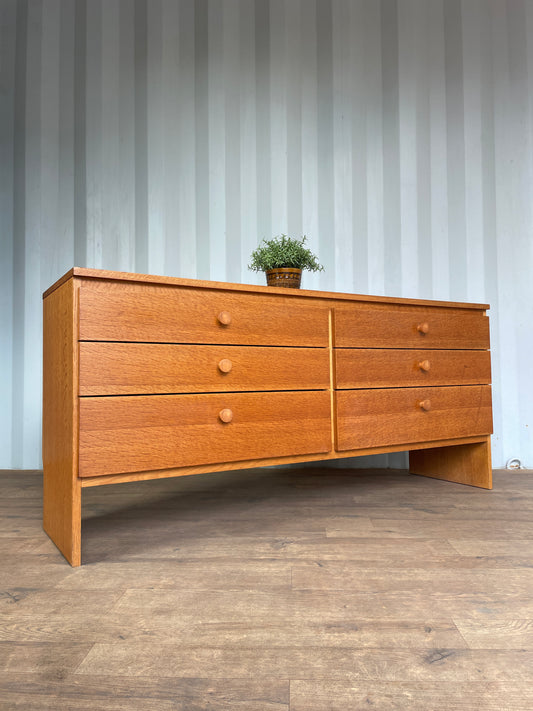 Meredew Oak Mid-Century Sideboard – Vintage 6 Drawer Chest / Cabinet 142cm