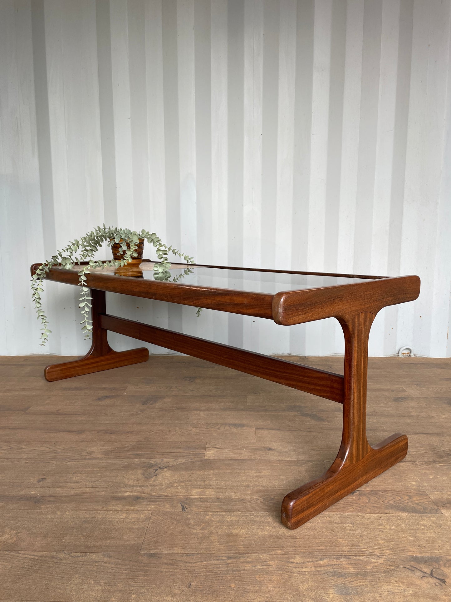 G-Plan Mid-Century Modern Teak Coffee Table with Smoked Glass & Tiled Inlay – 121cm